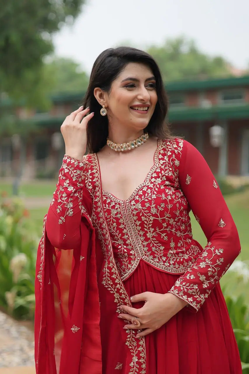 Shiraz Red Zari Multi Sequins Embroidery Work Georgette Gown With Dupatta