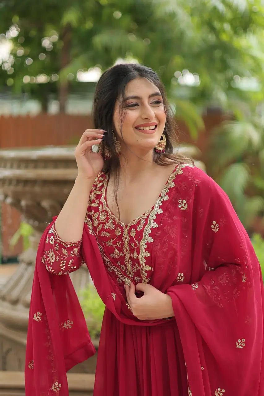 Pink Rich Sequins Embroidery Work Gown With Dupatta