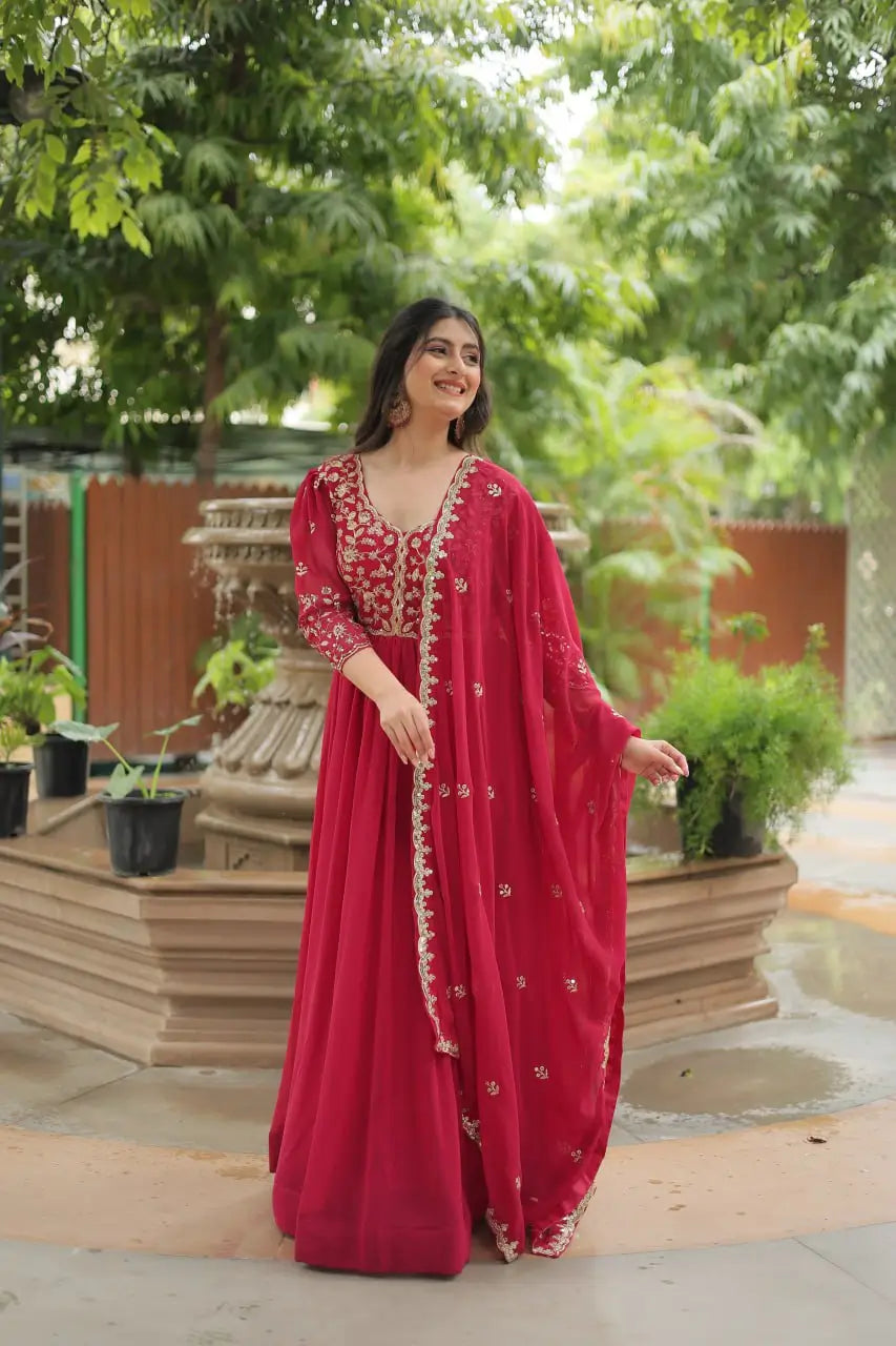 Pink Rich Sequins Embroidery Work Gown With Dupatta
