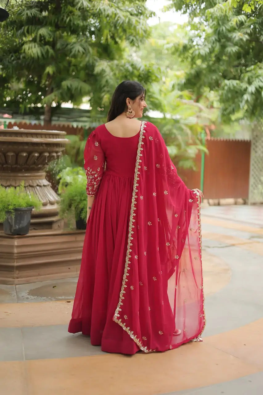 Pink Rich Sequins Embroidery Work Gown With Dupatta