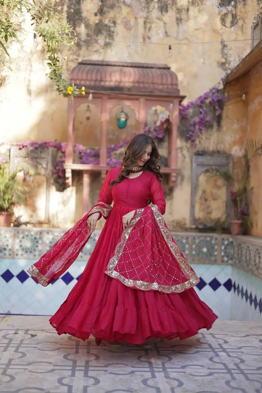 Light Red Georgette Fully Flair Gown With Embroidery Work Dupatta