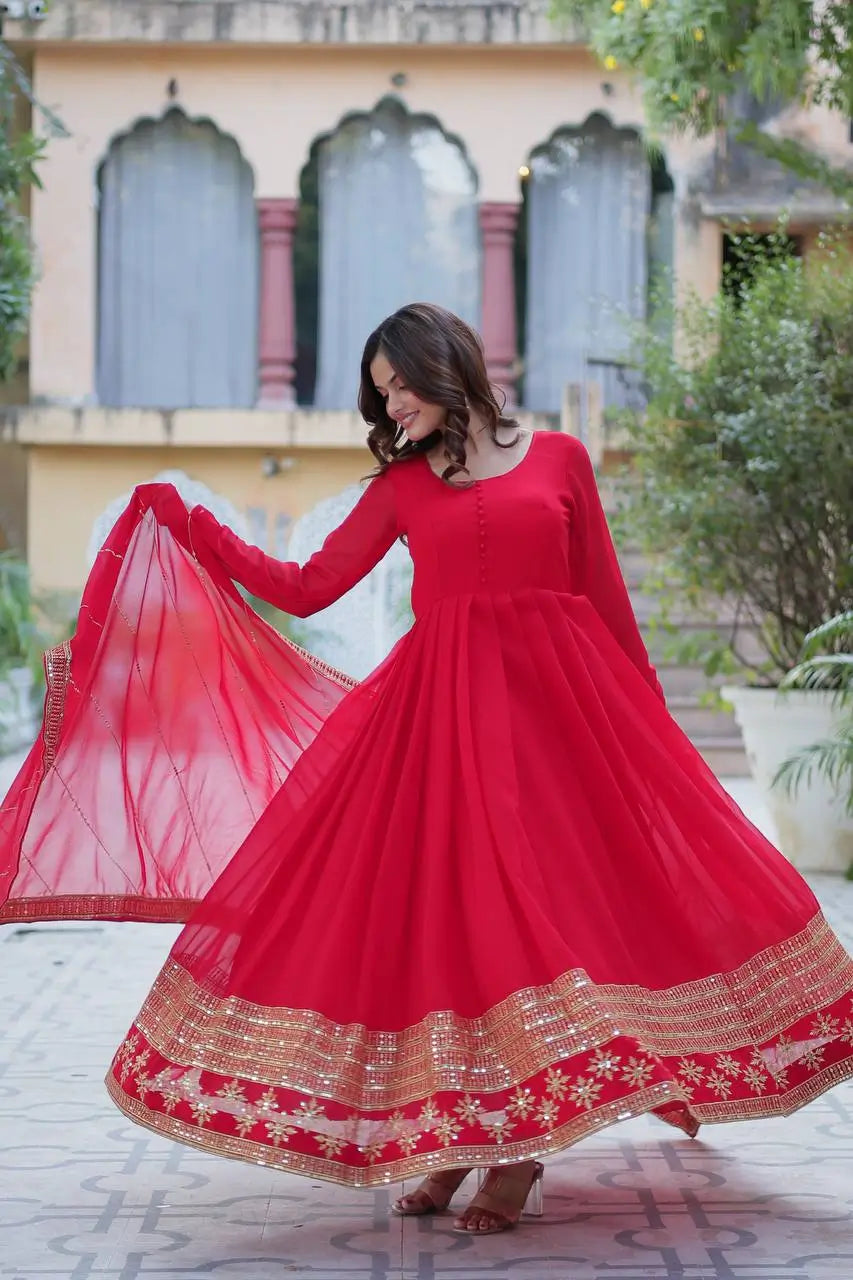 Hot Red Georgette Gown With Multi Sequins Embroidery Work With Dupatta