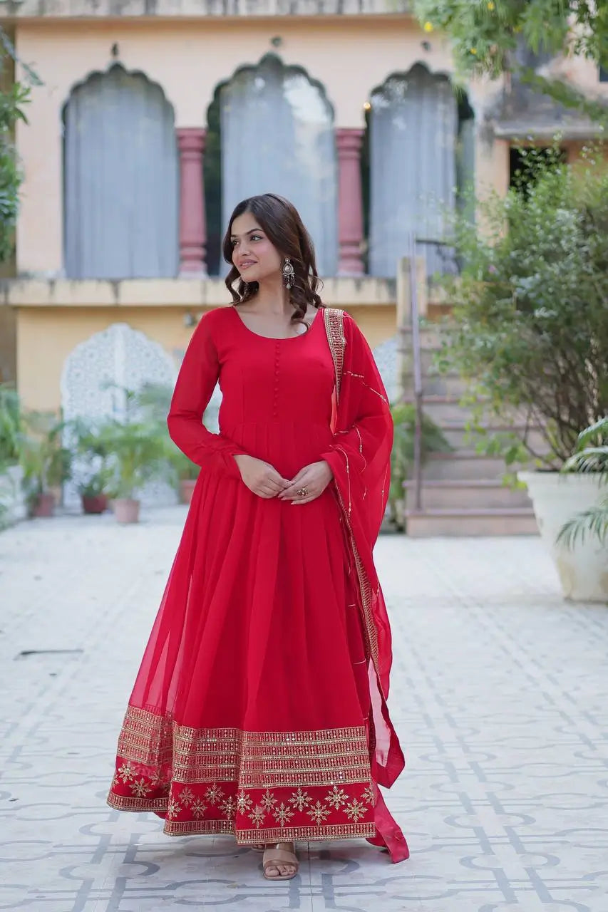 Hot Red Georgette Gown With Multi Sequins Embroidery Work With Dupatta