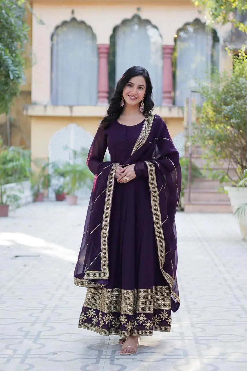Deep Wine Georgette Gown With Multi Sequins Embroidery Work With Dupatta