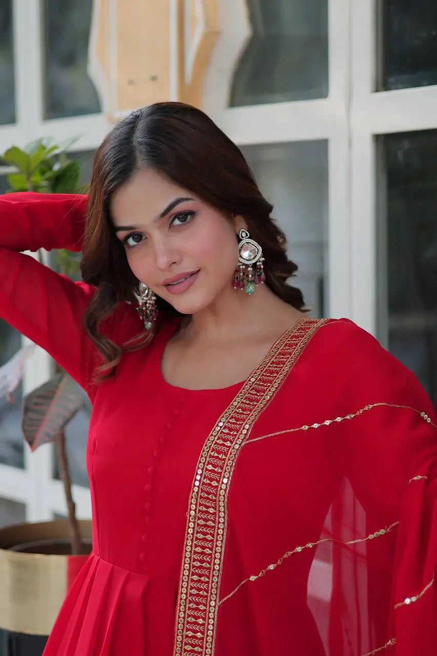 Hot Red Georgette Gown With Multi Sequins Embroidery Work With Dupatta