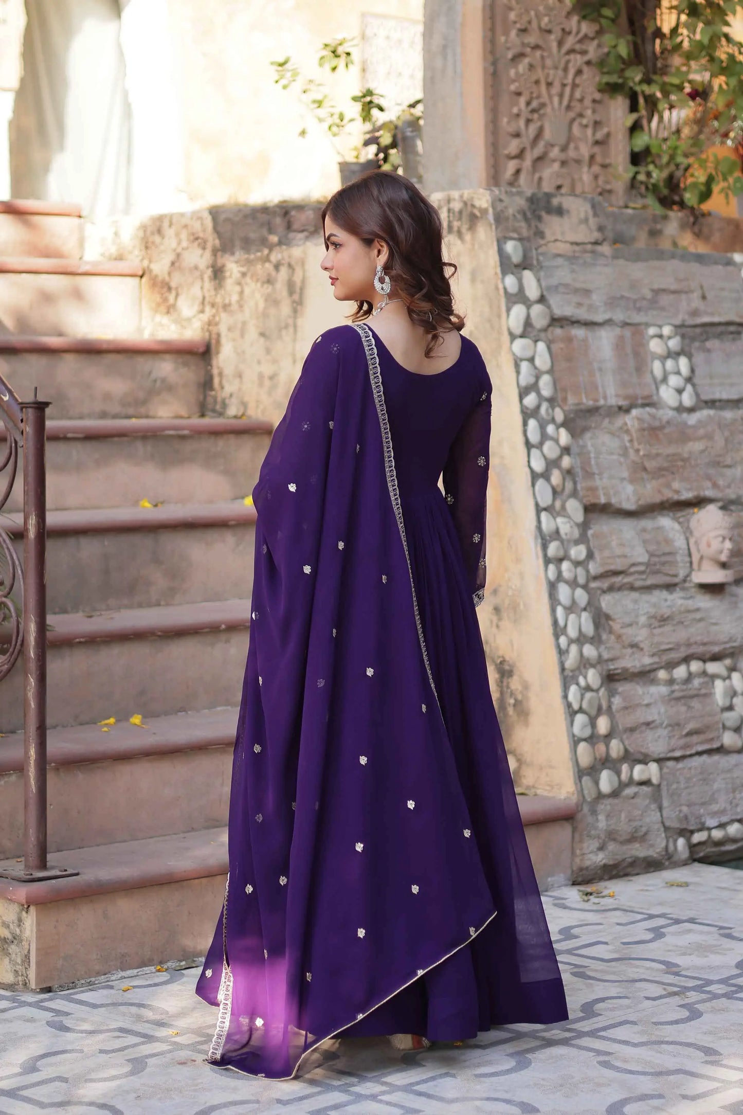 Purple Beads And Sequins Embroidery Work Gown With Dupatta