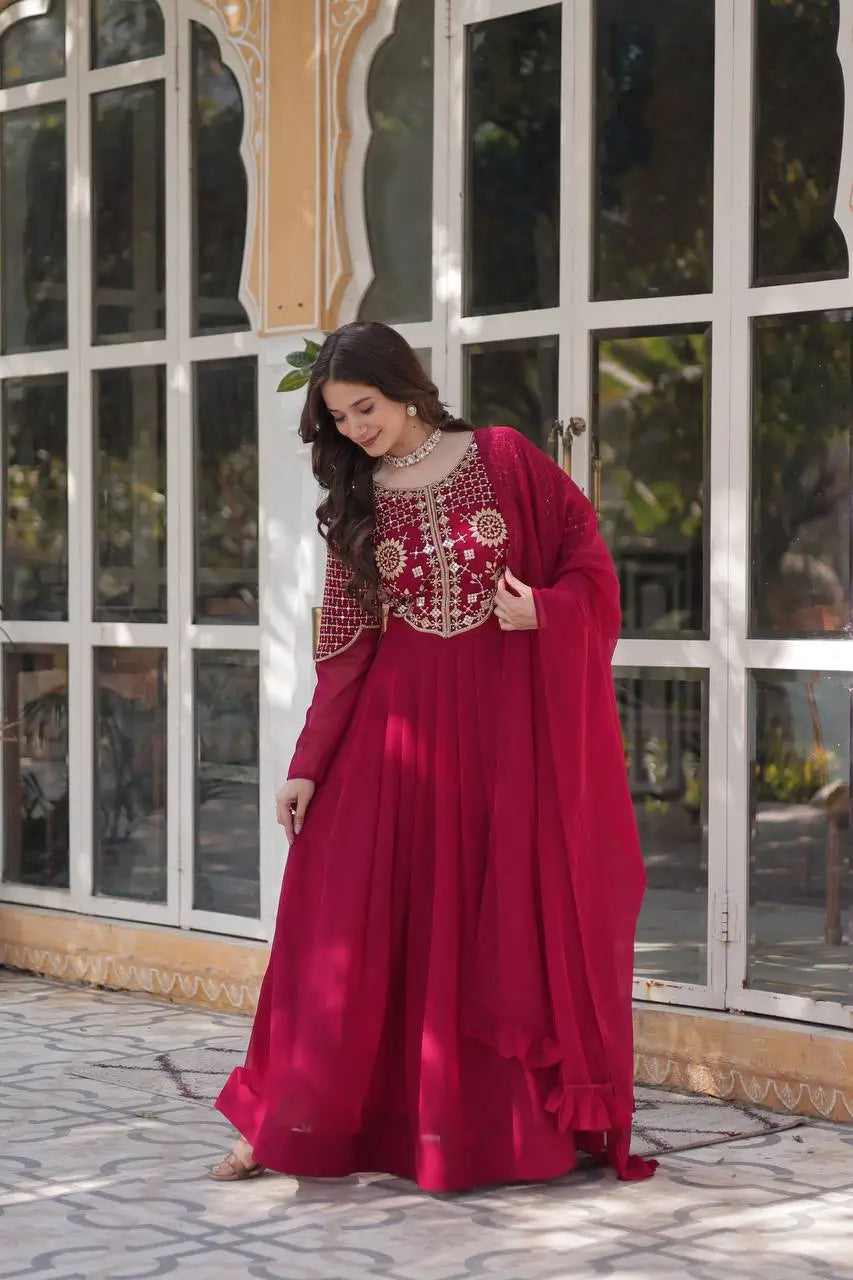 Maroon Red Attractive Sequins Embroidery Work Gown And Dupatta