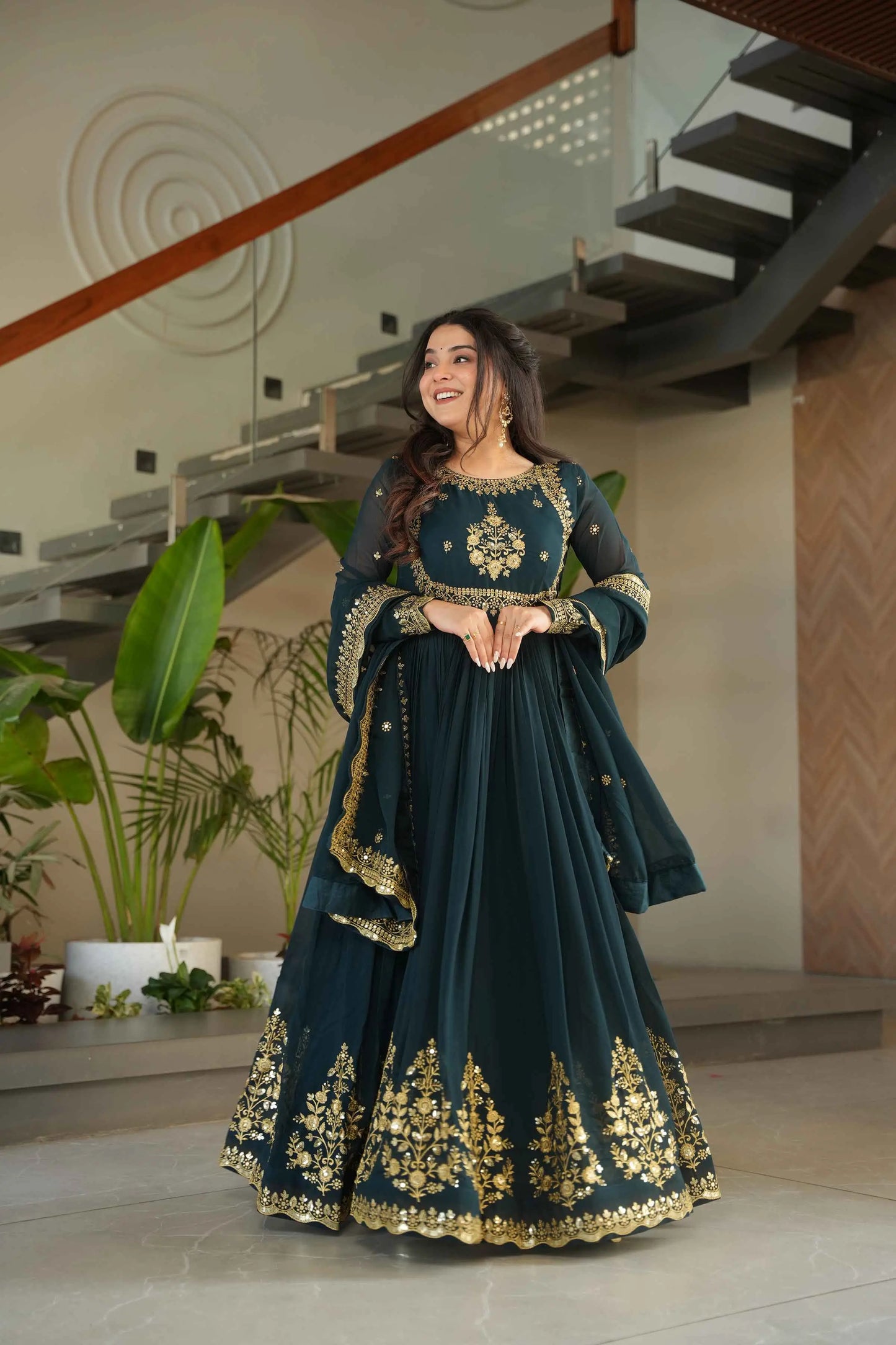 Designer Rama Zari Sequins Embroidery Work Georgette Gown With Dupatta