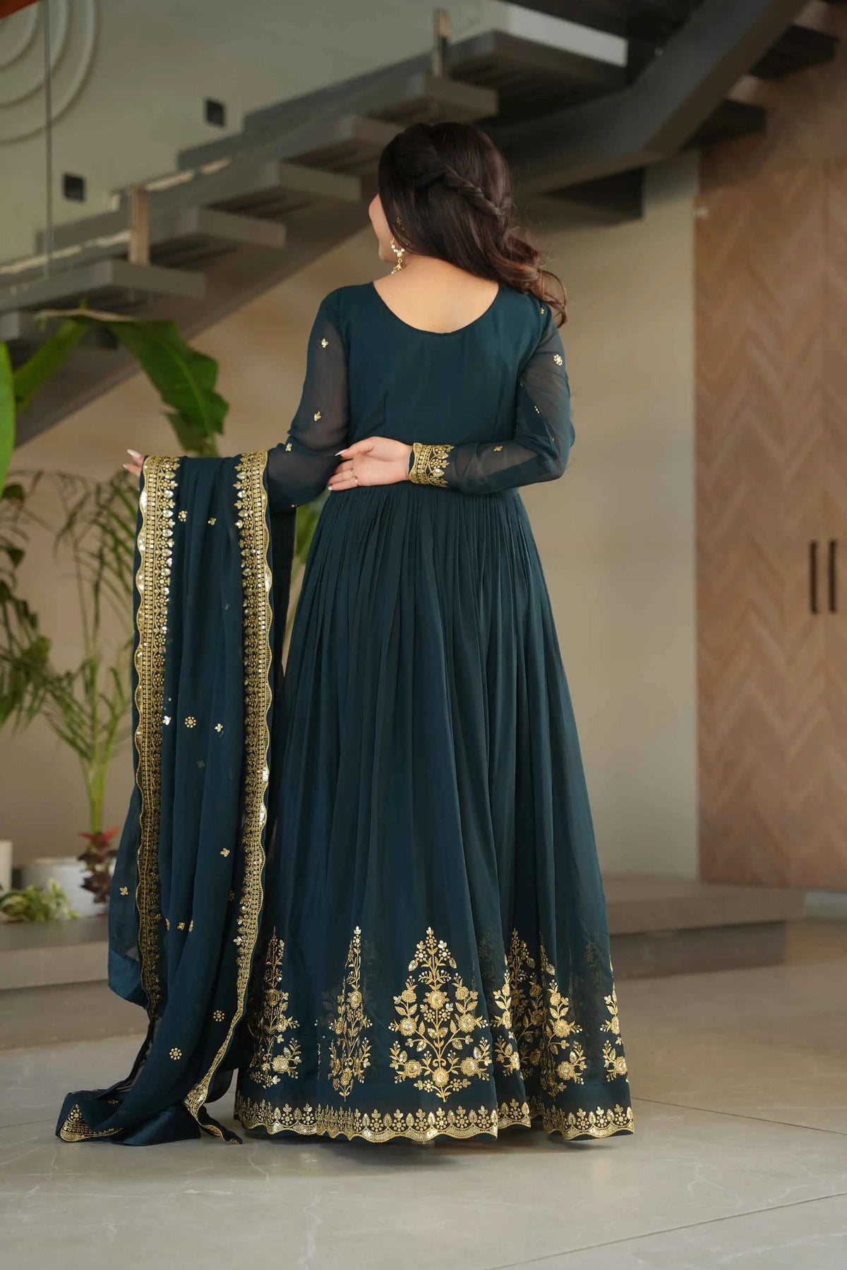 Designer Rama Zari Sequins Embroidery Work Georgette Gown With Dupatta