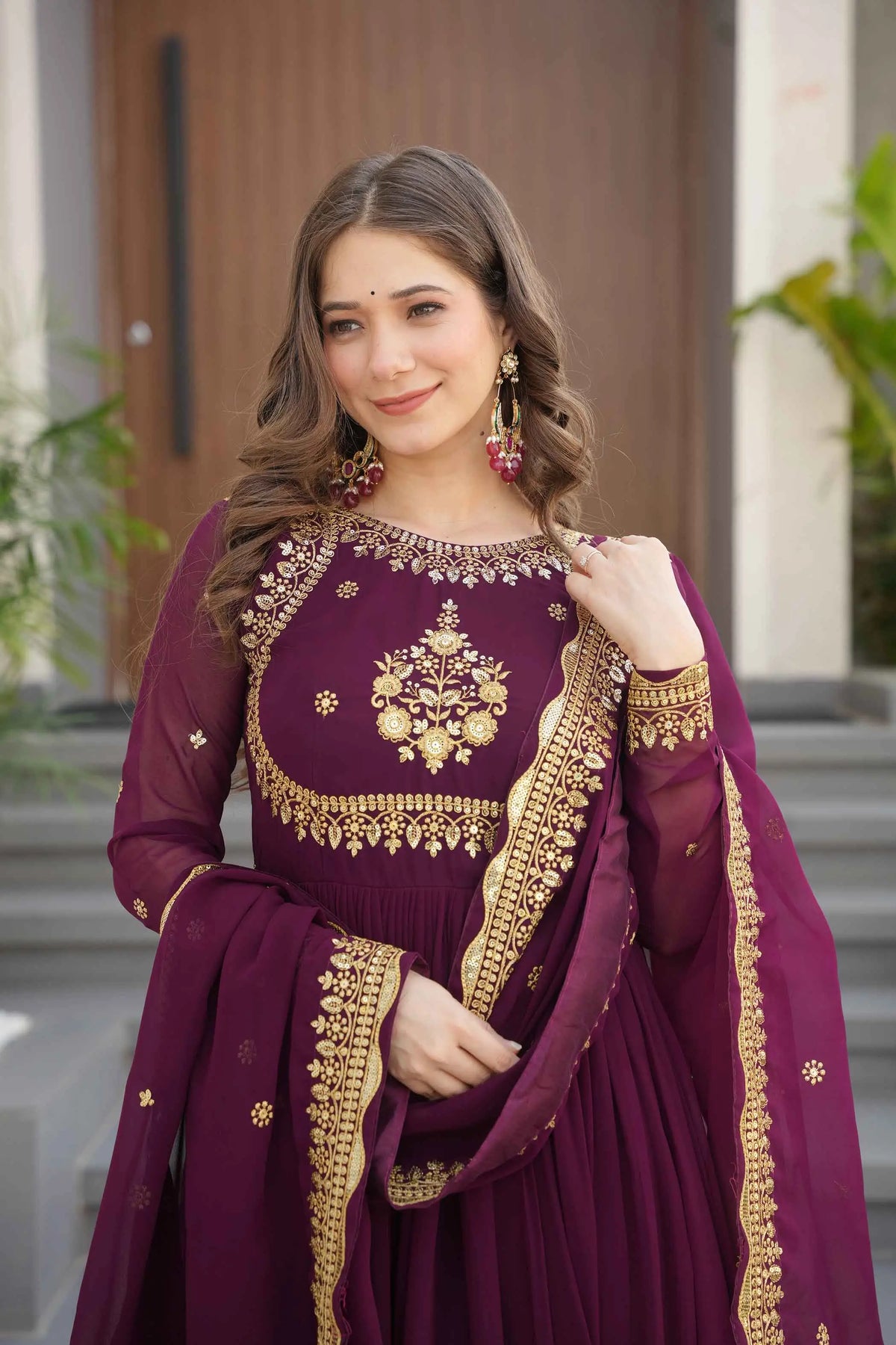Designer Wine Zari Sequins Embroidery Work Georgette Gown With Dupatta