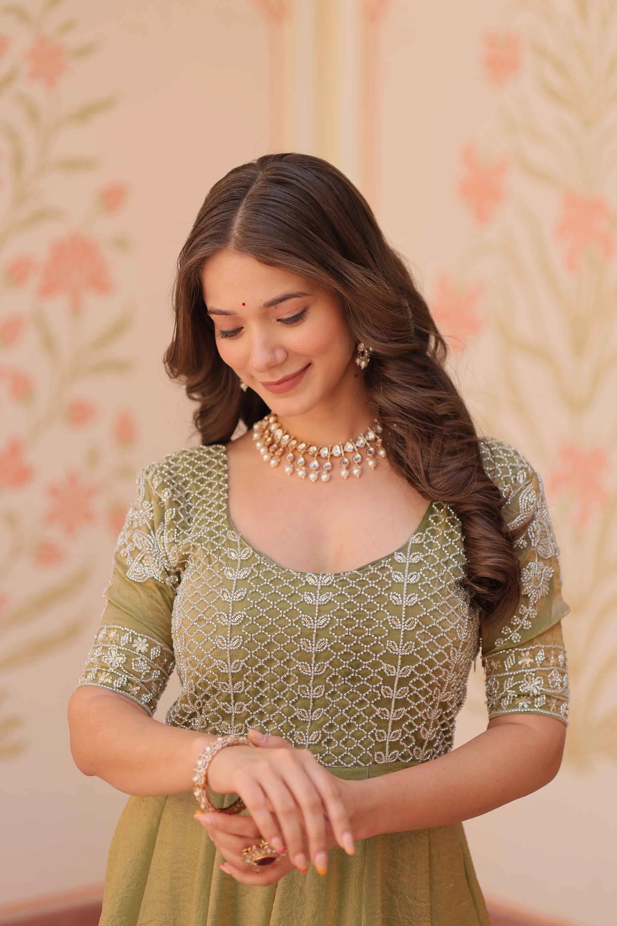 Designer Shiny Light Olive Green Beads Embroidery Work Gown