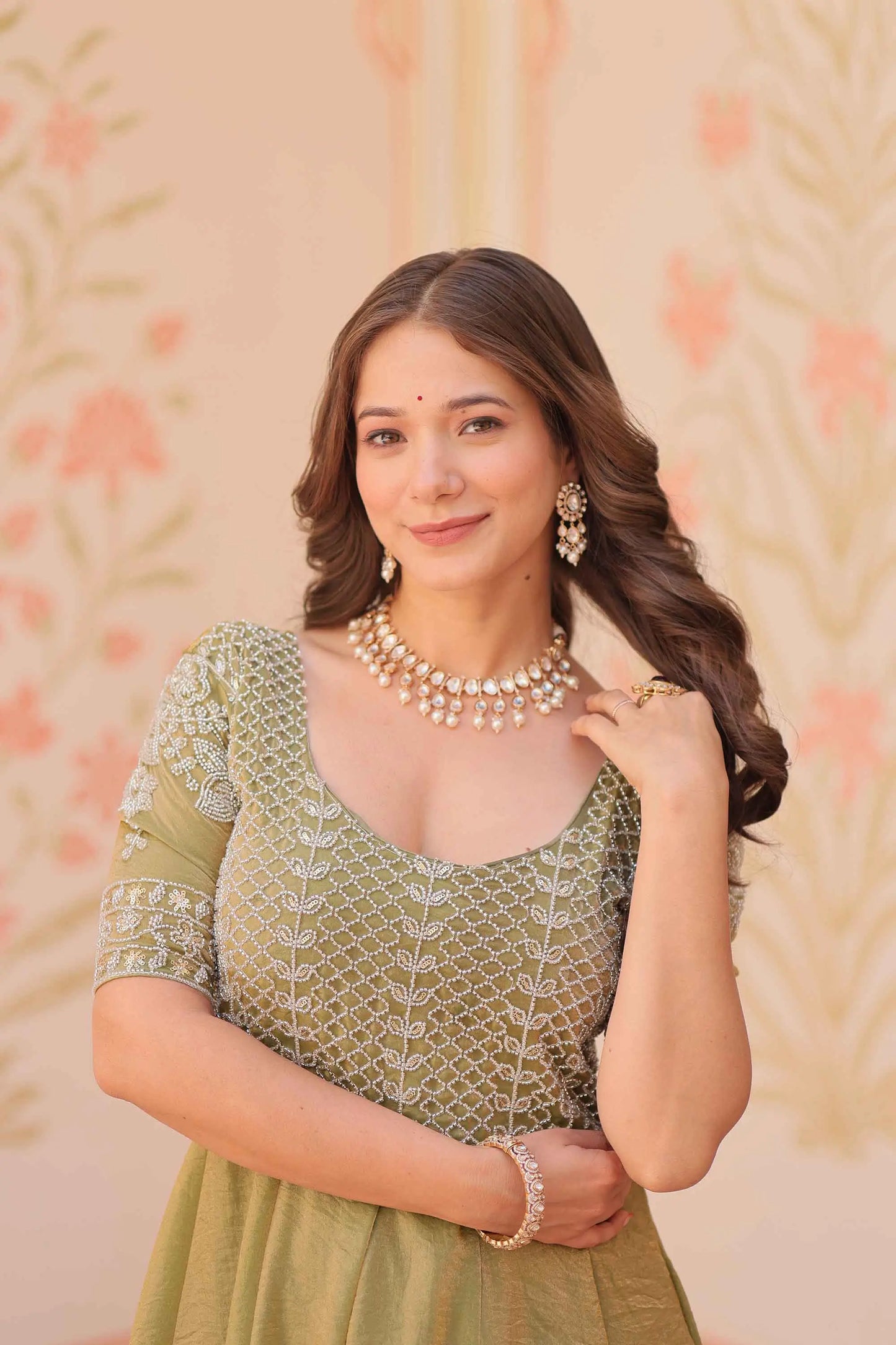 Designer Shiny Light Olive Green Beads Embroidery Work Gown