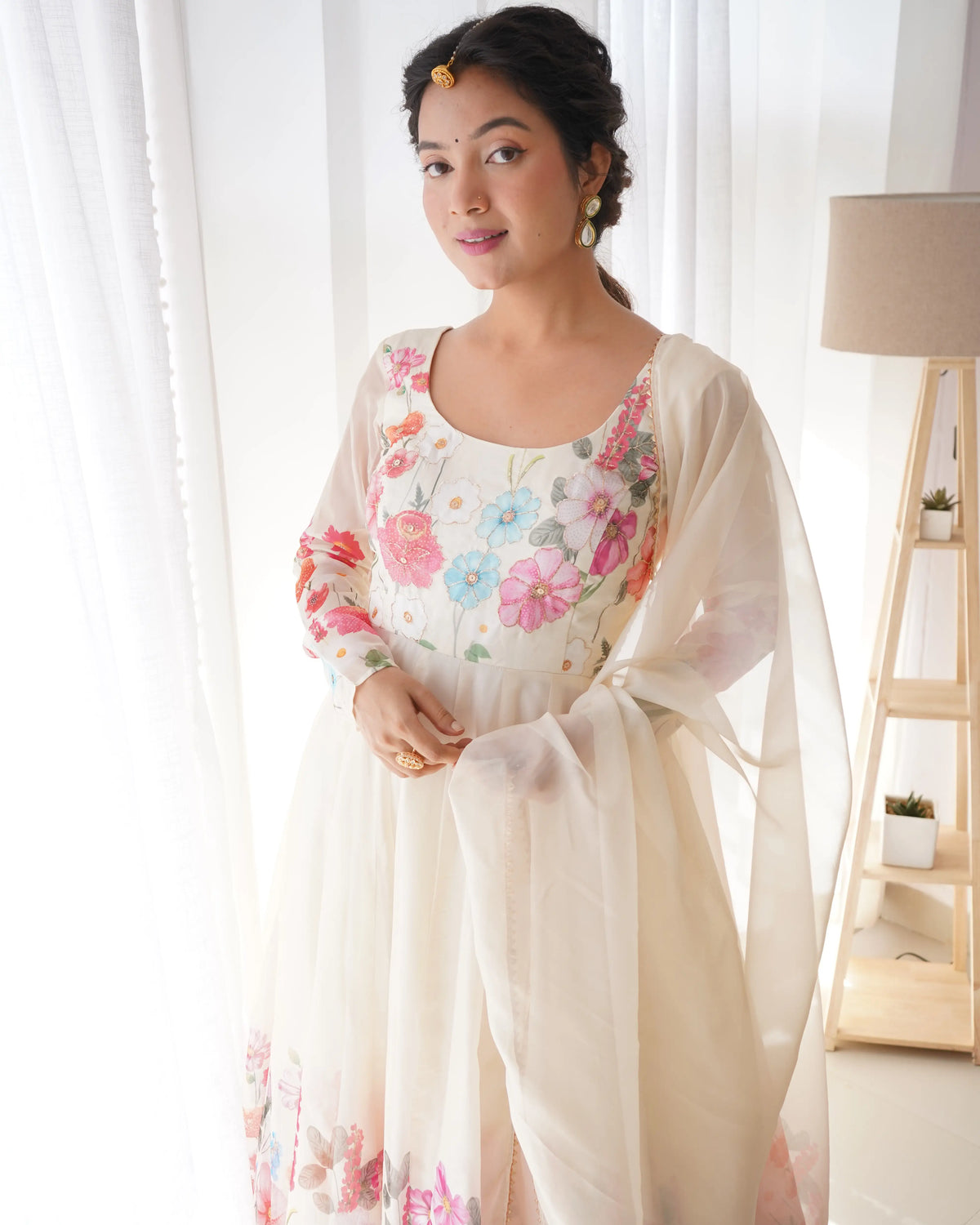 Off White Organza Multi Color Floral Print Gown With Dupatta