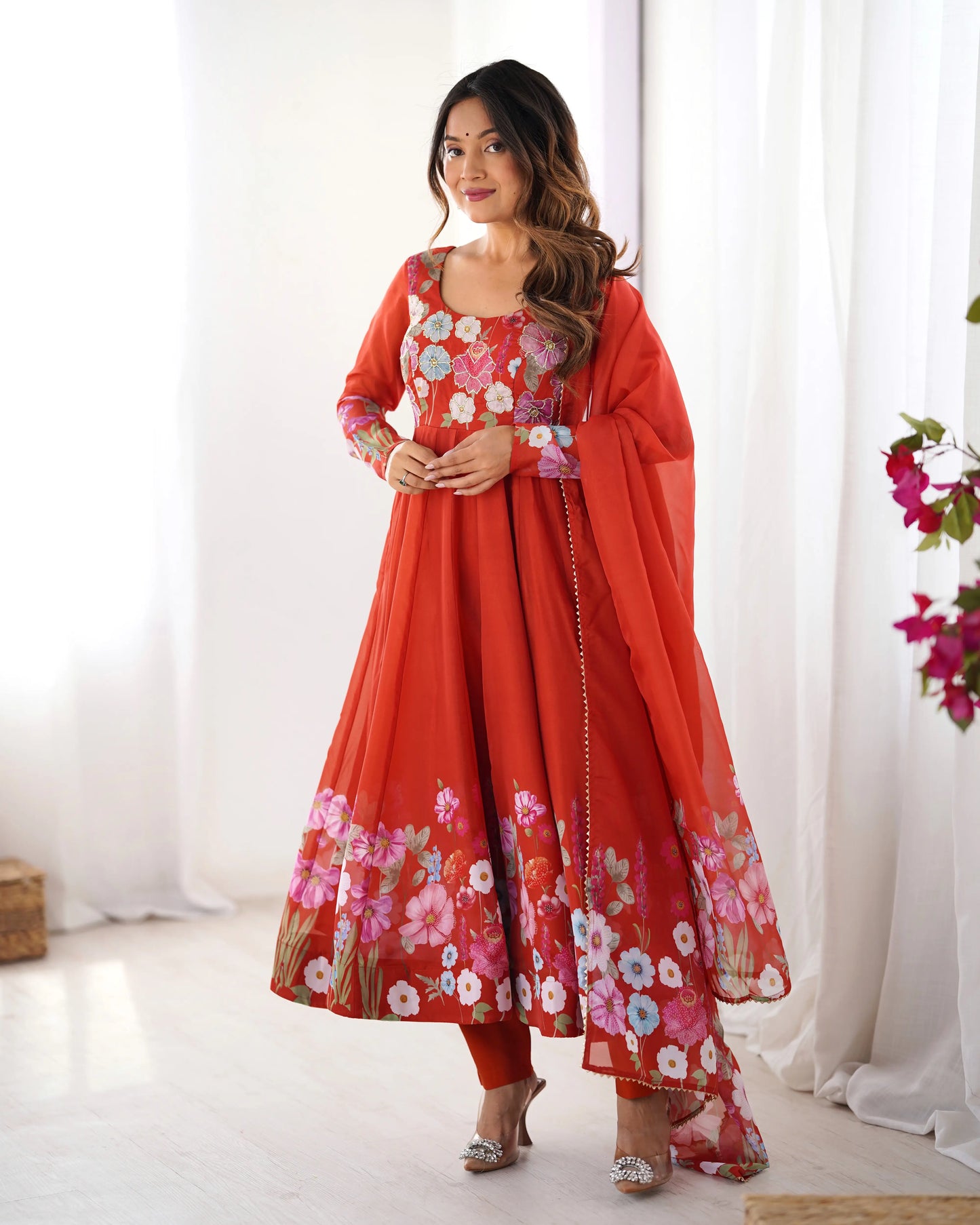Rust Orange Organza Multi Color Floral Print Gown With Dupatta