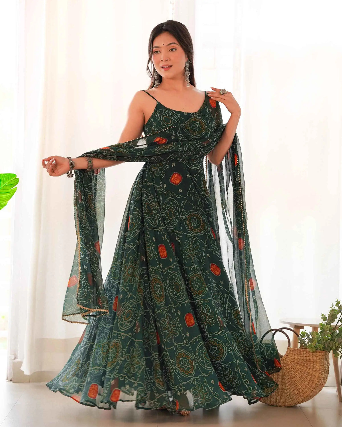 Tealish Green Soft Chiffon Bandhej Print Light Weight Gown With Dupatta