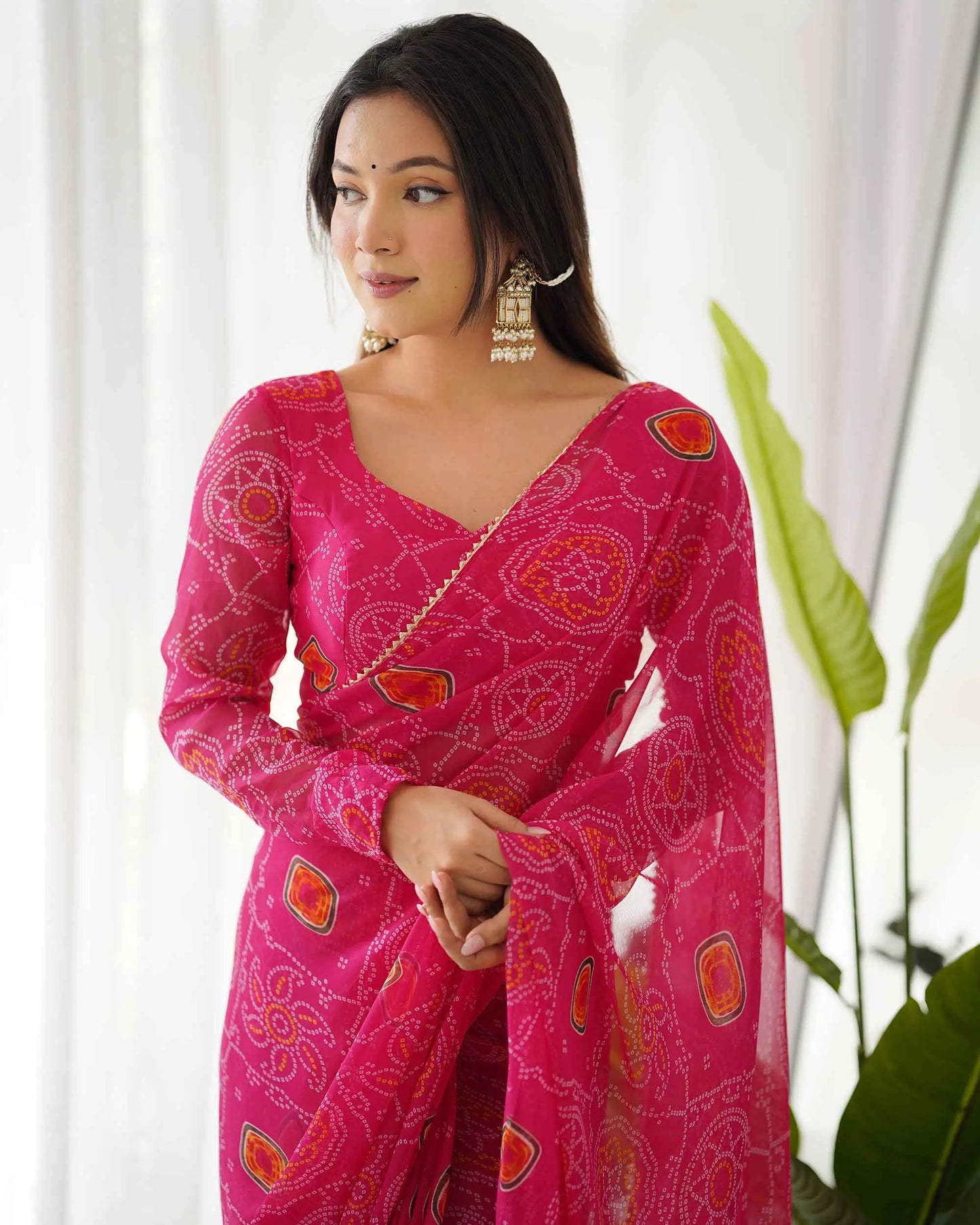 Pink Chiffon Soft Light Weight Bandhej Print Pre Draped Ready To Wear  Saree