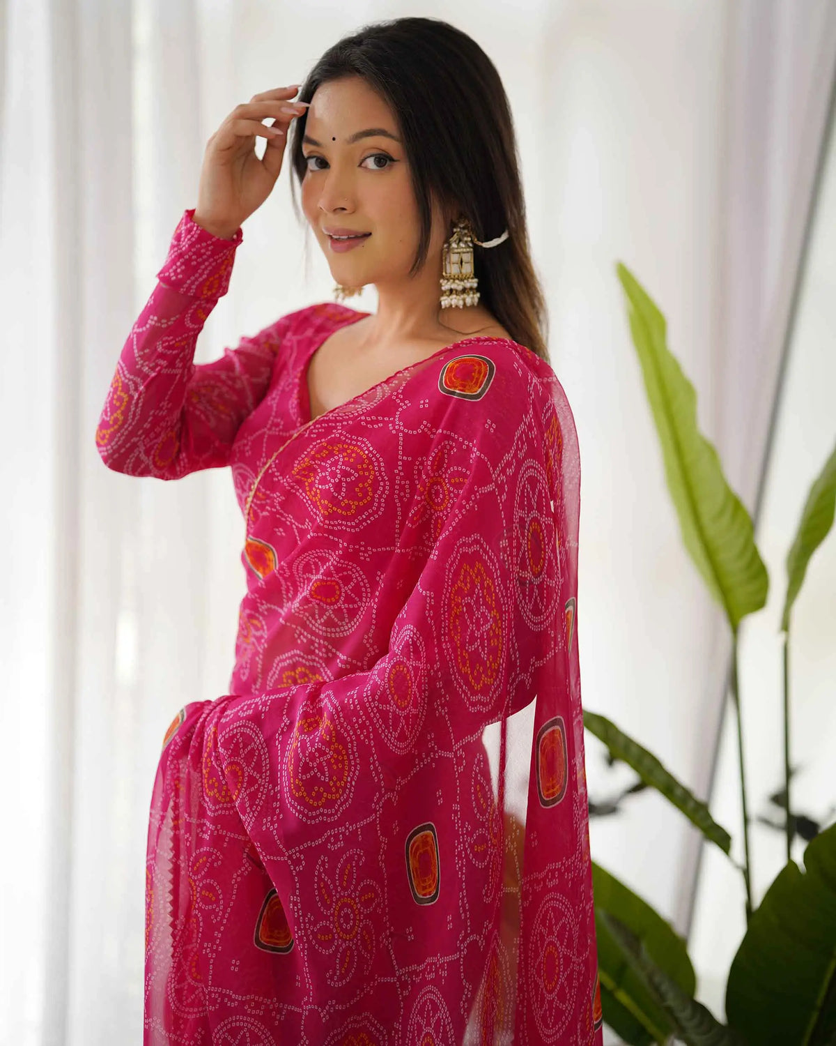 Pink Chiffon Soft Light Weight Bandhej Print Pre Draped Ready To Wear  Saree