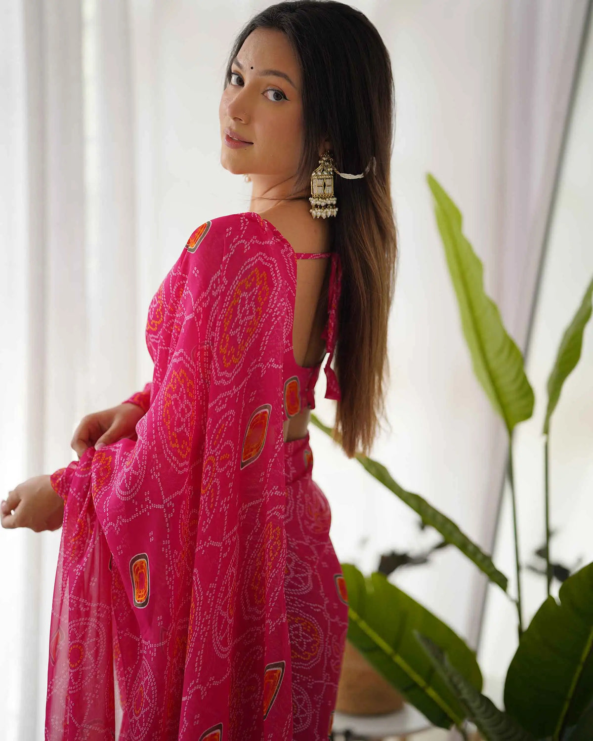 Pink Chiffon Soft Light Weight Bandhej Print Pre Draped Ready To Wear  Saree