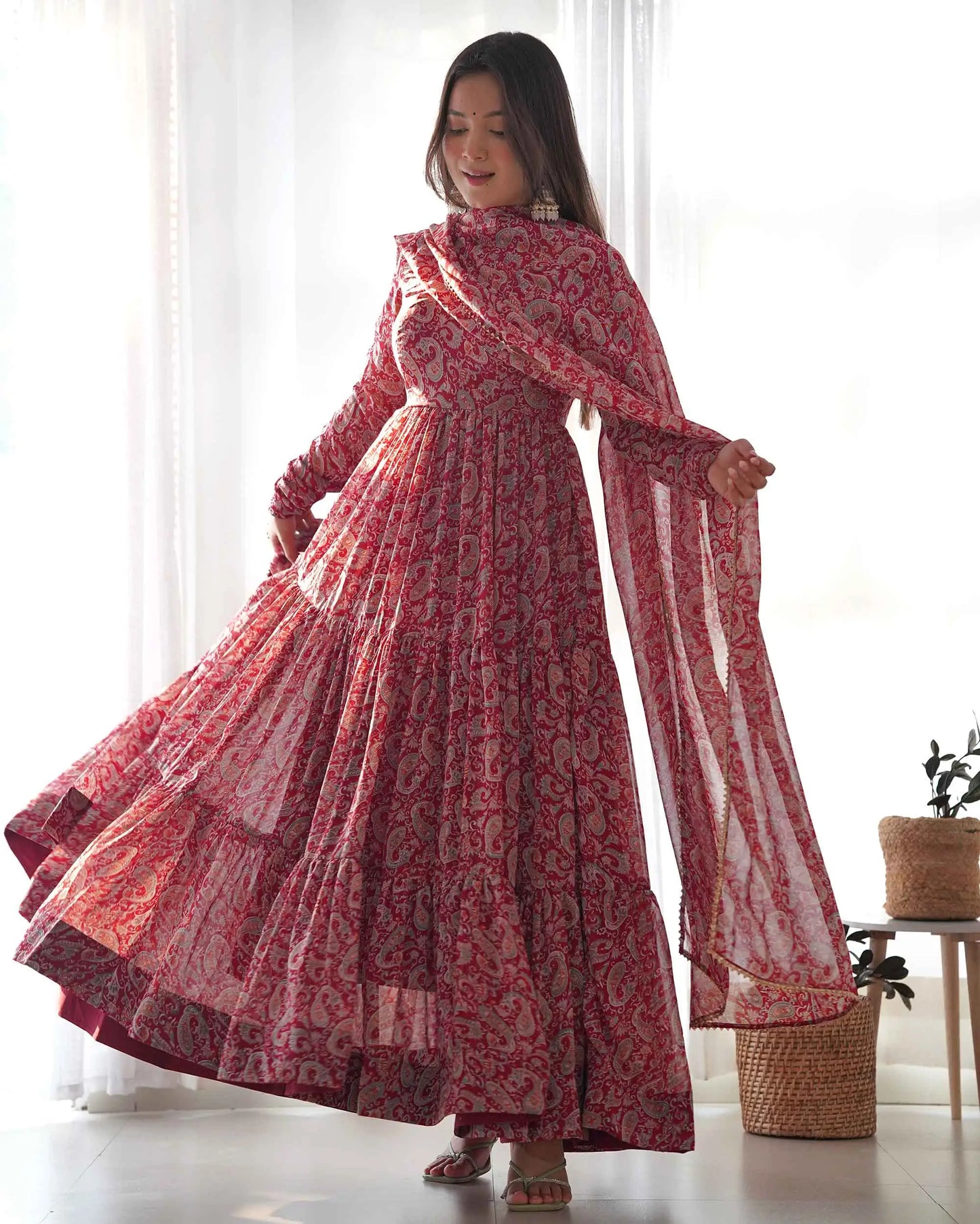Maroon Georgette Kalamkari Print Anarkali Gown With Dupatta
