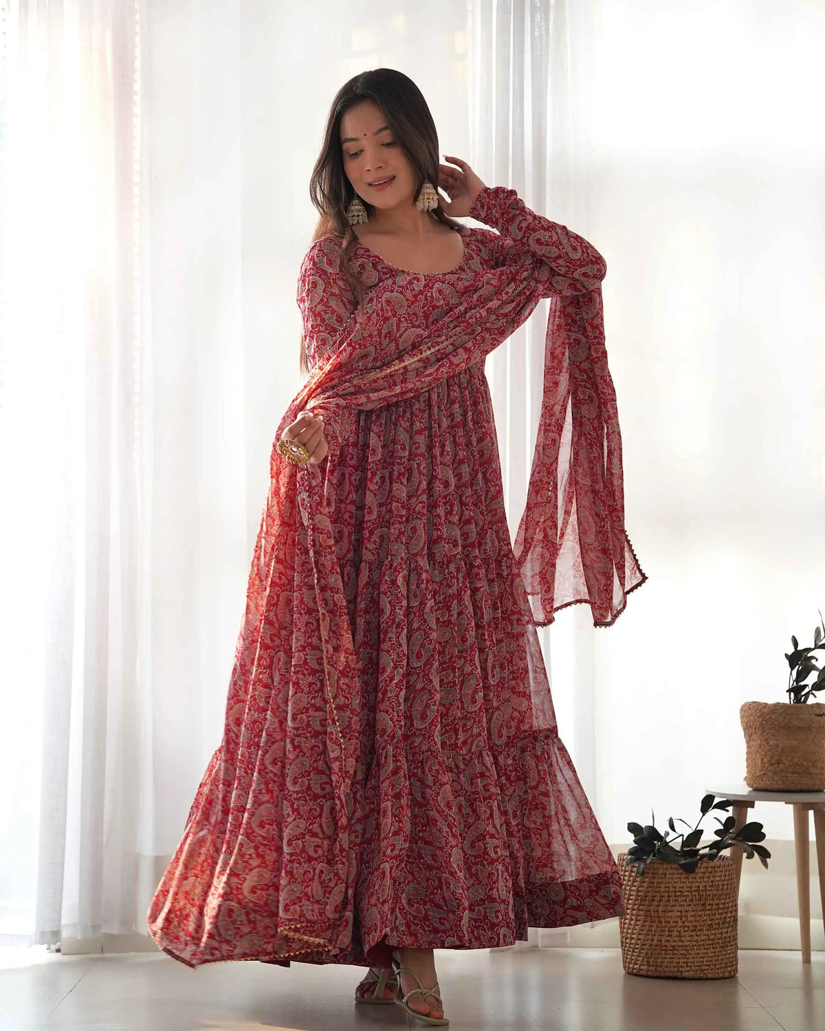 Maroon Georgette Kalamkari Print Anarkali Gown With Dupatta