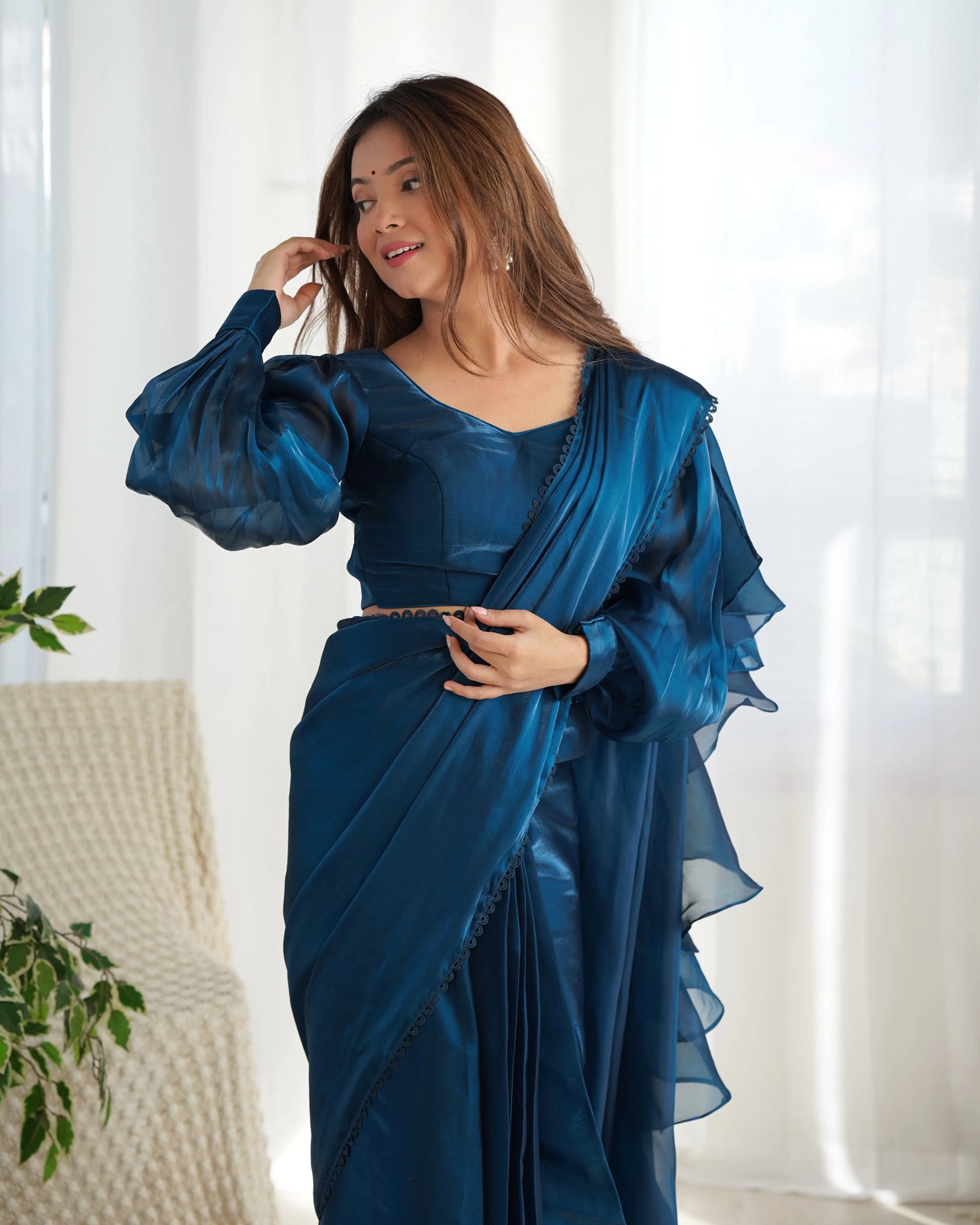 Teal Blue Jimmy Choo Organza Pre Draped Ready To Wear  Saree