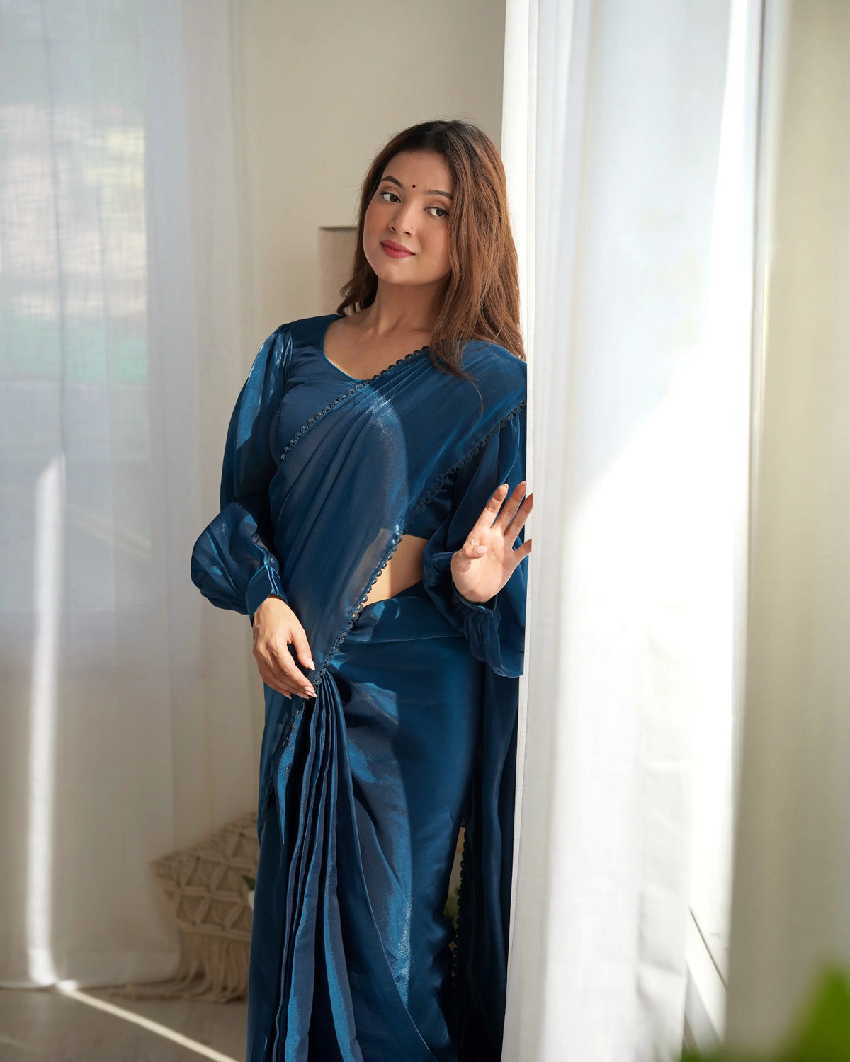 Teal Blue Jimmy Choo Organza Pre Draped Ready To Wear  Saree