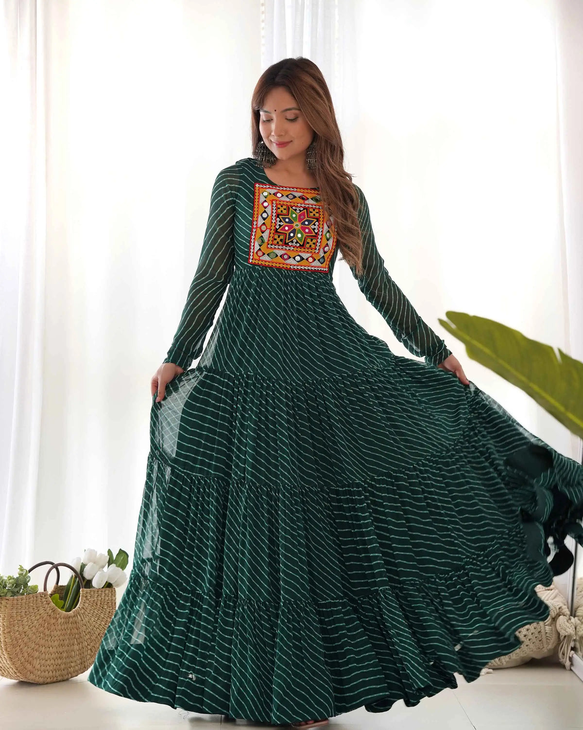 Dark Green Laheriya Print With Gamthi Patch Work Navratri Gown