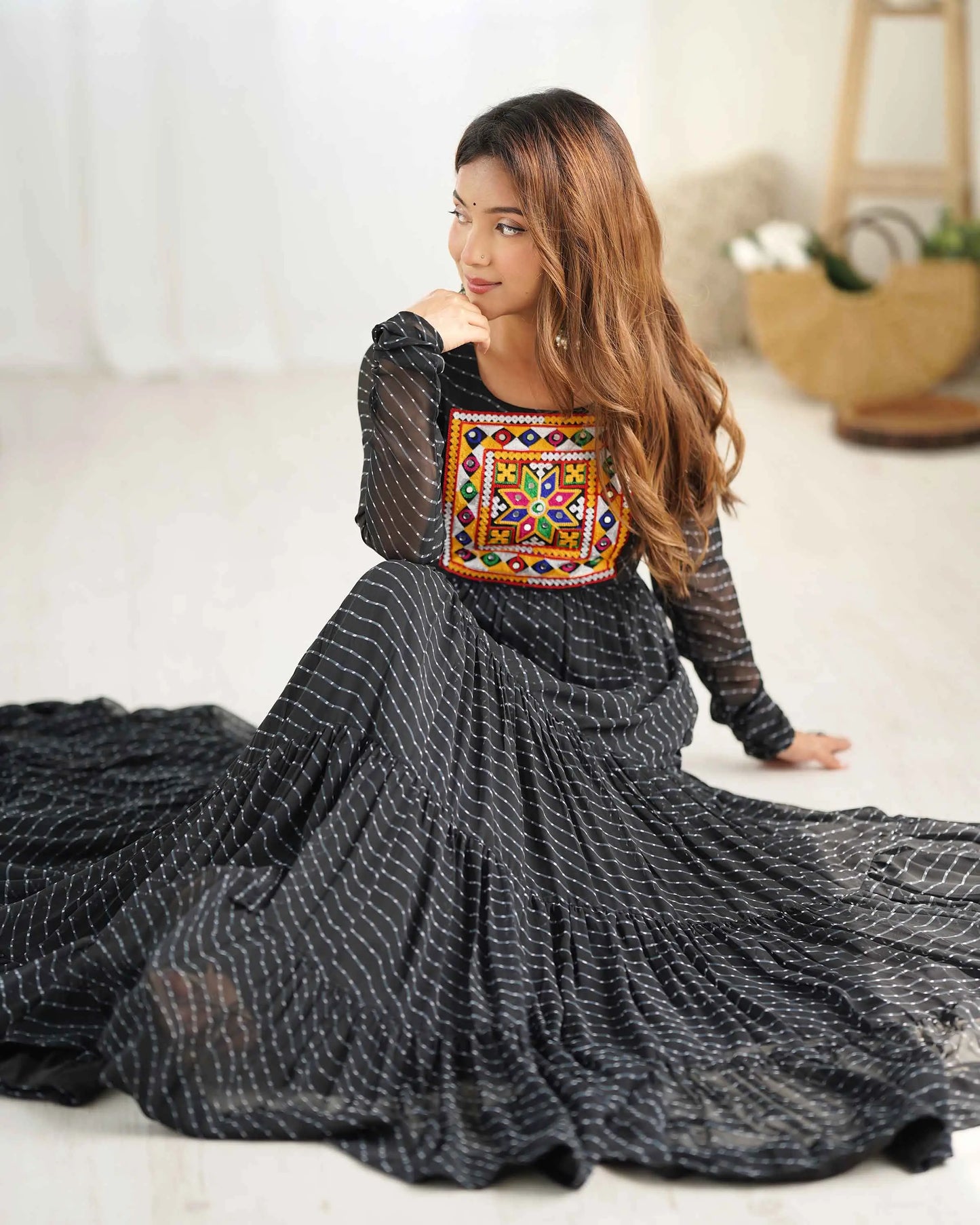 Black Laheriya Print With Gamthi Patch Work Navratri Gown