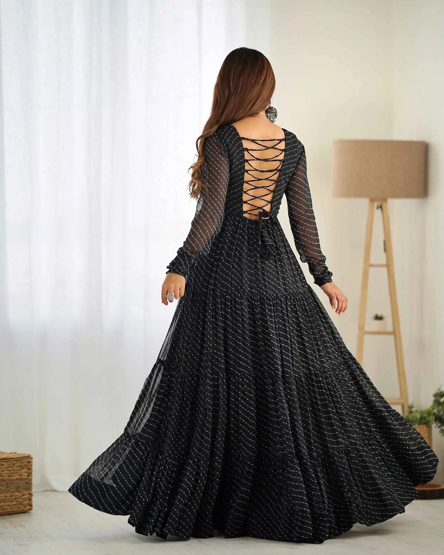 Black Laheriya Print With Gamthi Patch Work Navratri Gown