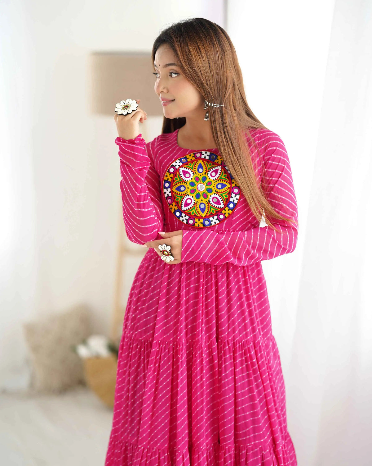 Pink Laheriya Print With Gamthi Patch Work Navratri Gown