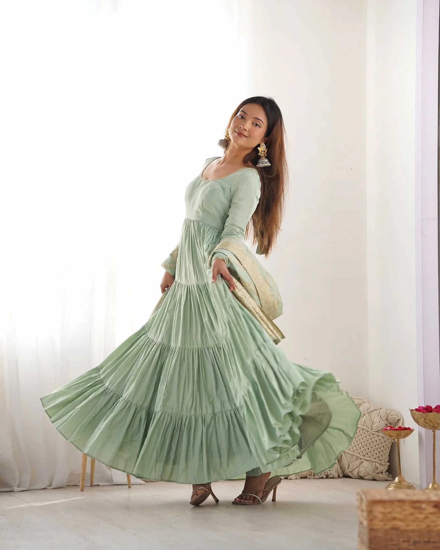 Pista Silk Gown With Jacquard Banarasi Dupatta