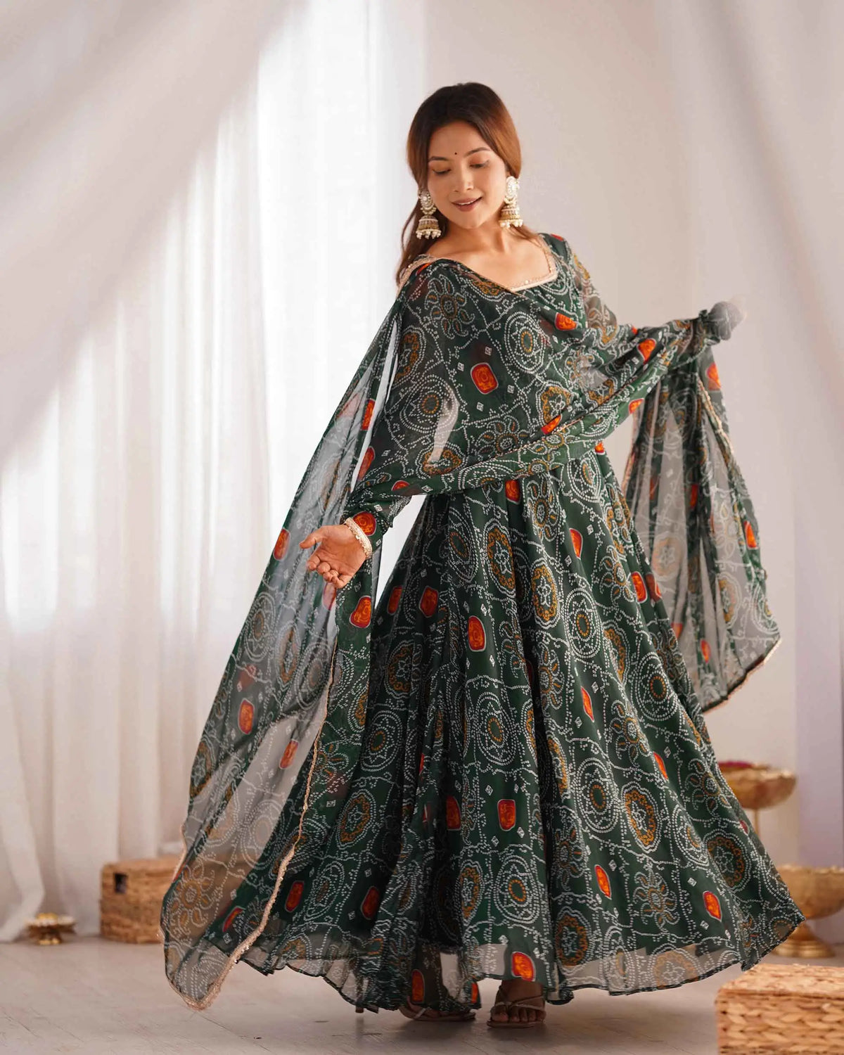 Dark Green Soft Light Weight Chiffon Bandhej Print Gown With Dupatta