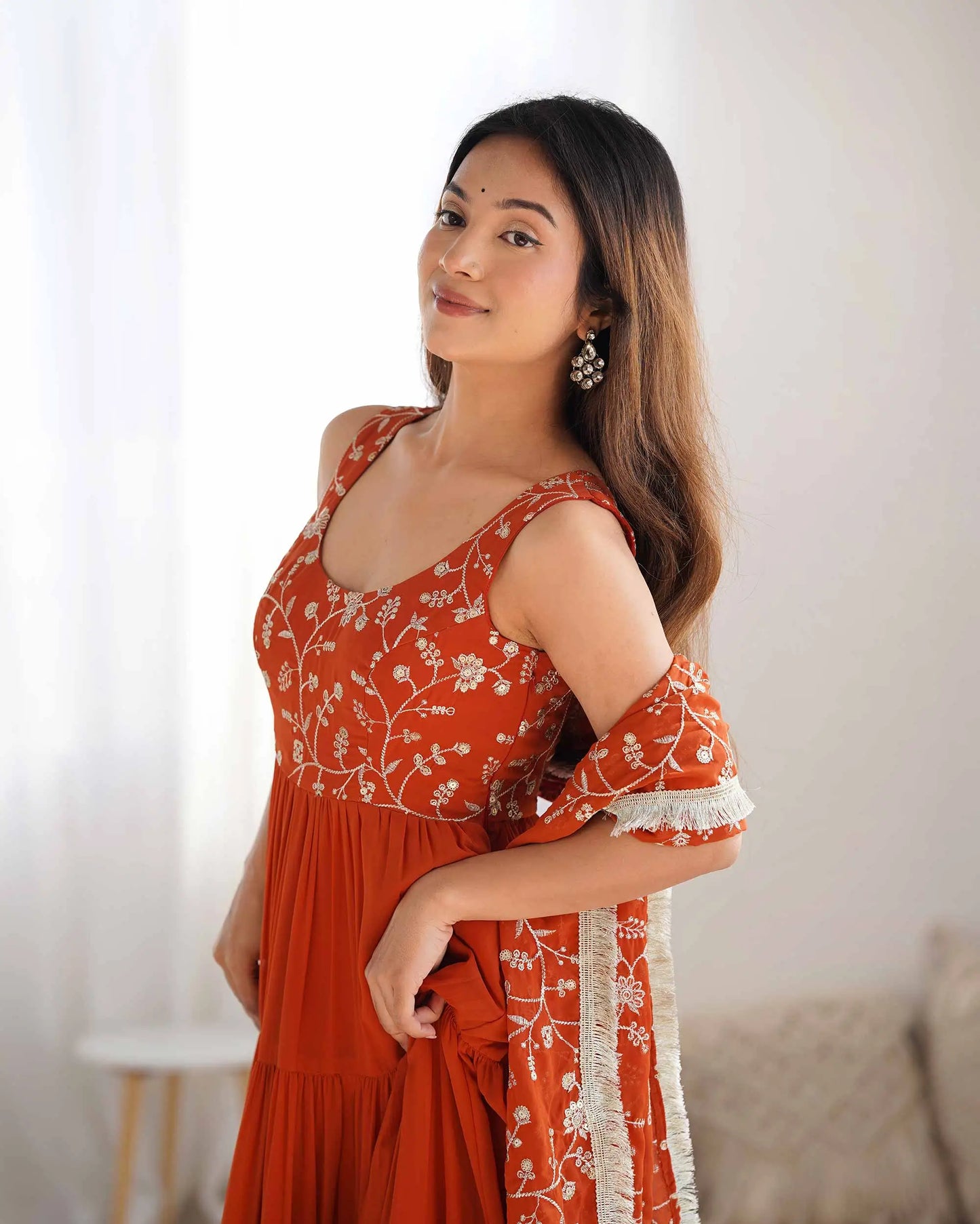 Rust Orange Georgette Empire Flair Gown With Heavy Embroidery Work Dupatta