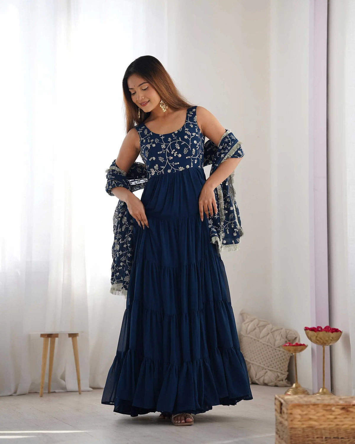 Teal Blue Georgette Empire Flair Gown With Heavy Embroidery Work Dupatta