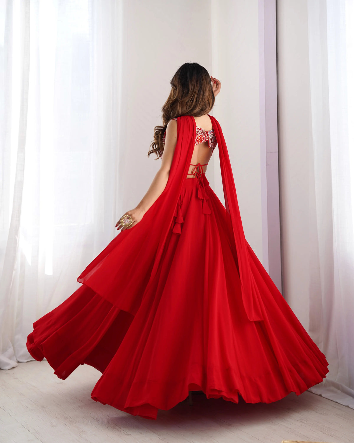 Red Georgette Lehenga With Embroidery Work With Neck Belt Dupatta