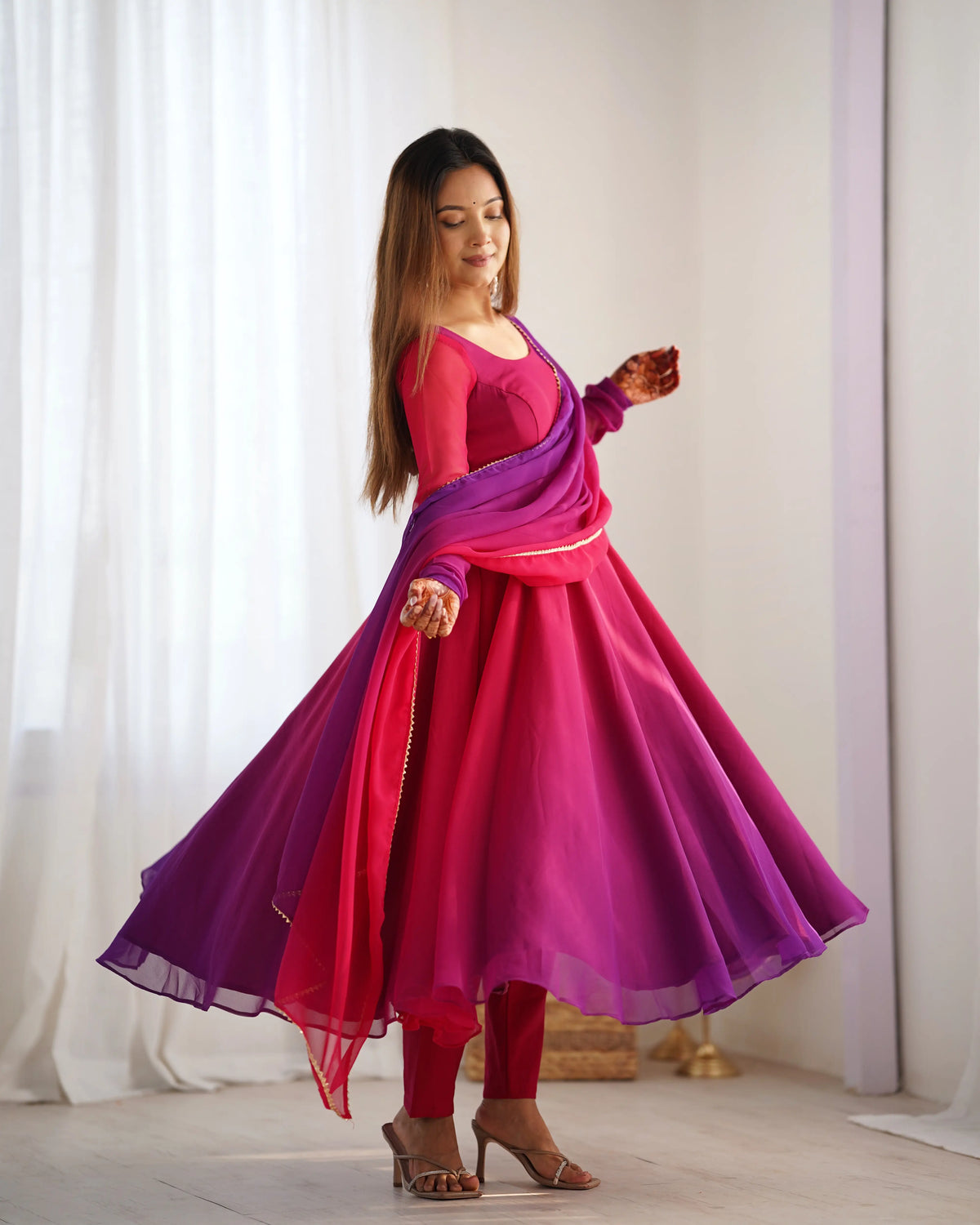 Dark Pink With Colorful Padding Plain Georgette Gown With Dupatta