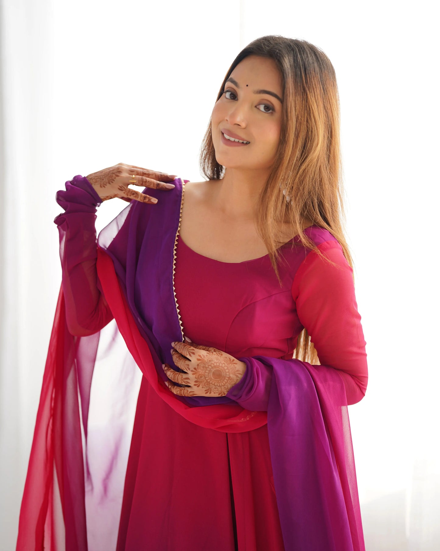 Dark Pink With Colorful Padding Plain Georgette Gown With Dupatta