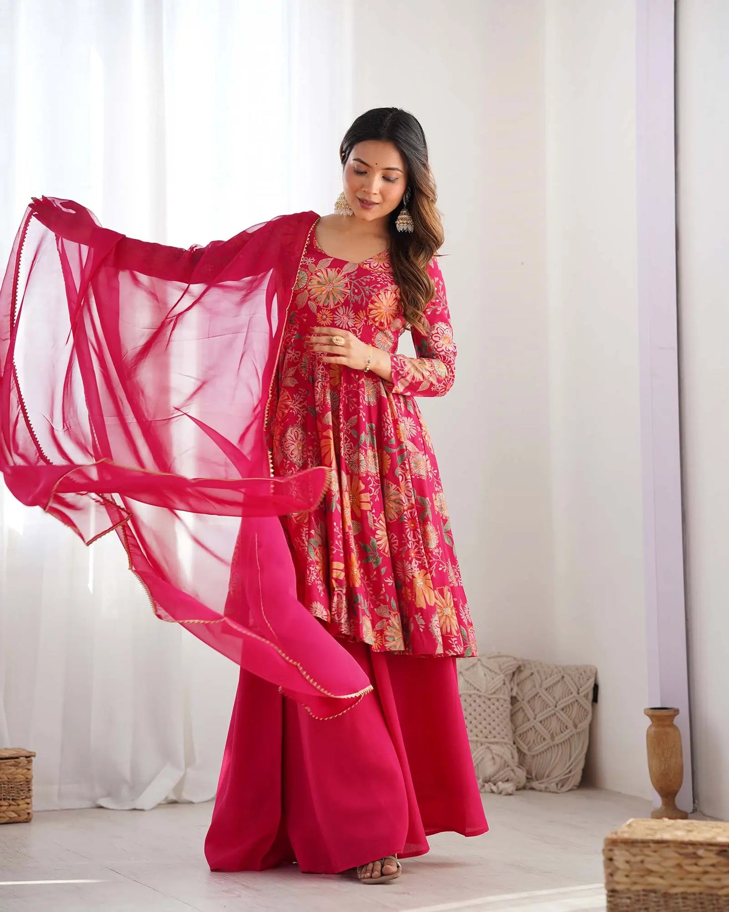 Rani Pink Floral Chanderi Print Kediya Style Kurta Set With Dupatta