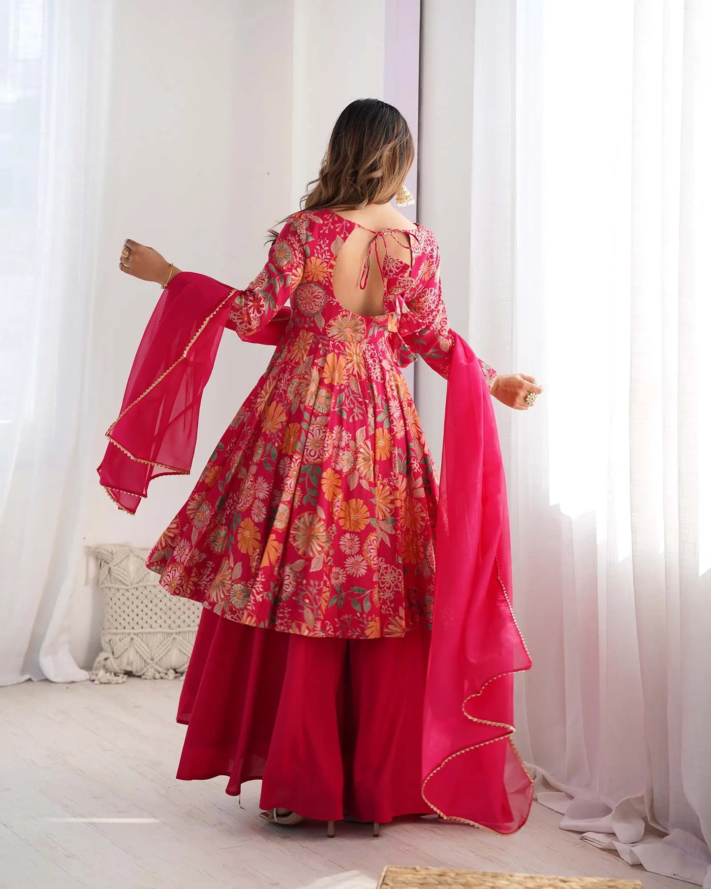 Rani Pink Floral Chanderi Print Kediya Style Kurta Set With Dupatta