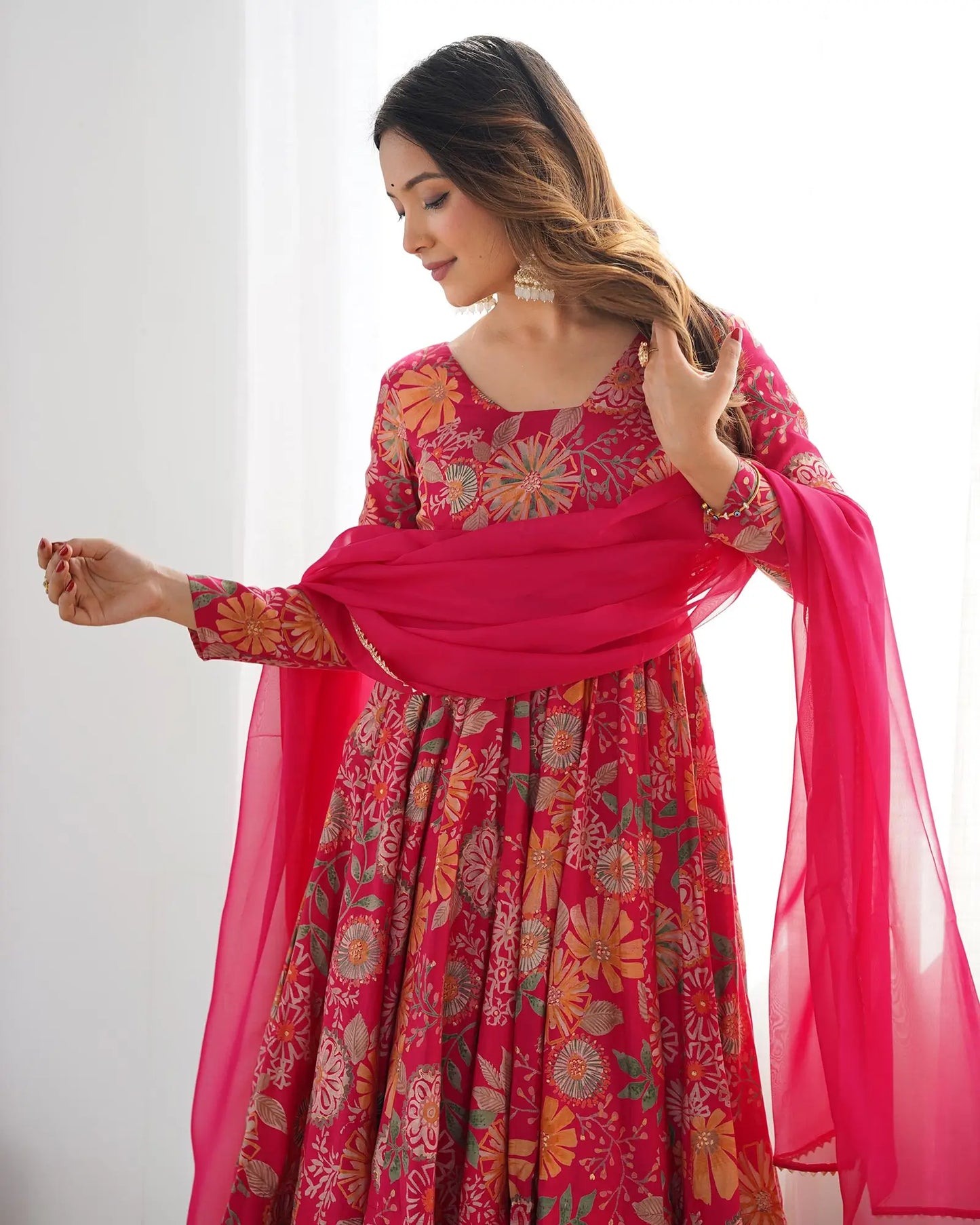 Rani Pink Floral Chanderi Print Kediya Style Kurta Set With Dupatta