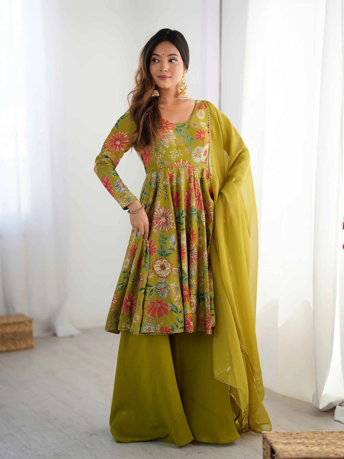 Mehndi Floral Print Kediya Style Kurta Set With Dupatta