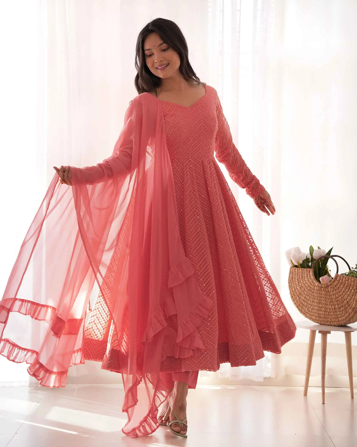 Peach Georgette lucknowi Sequins Work Gown With Ruffle Style Dupatta