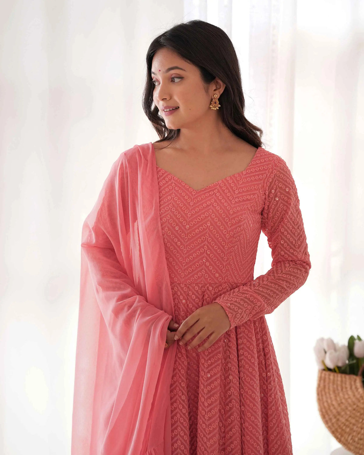 Peach Georgette lucknowi Sequins Work Gown With Ruffle Style Dupatta