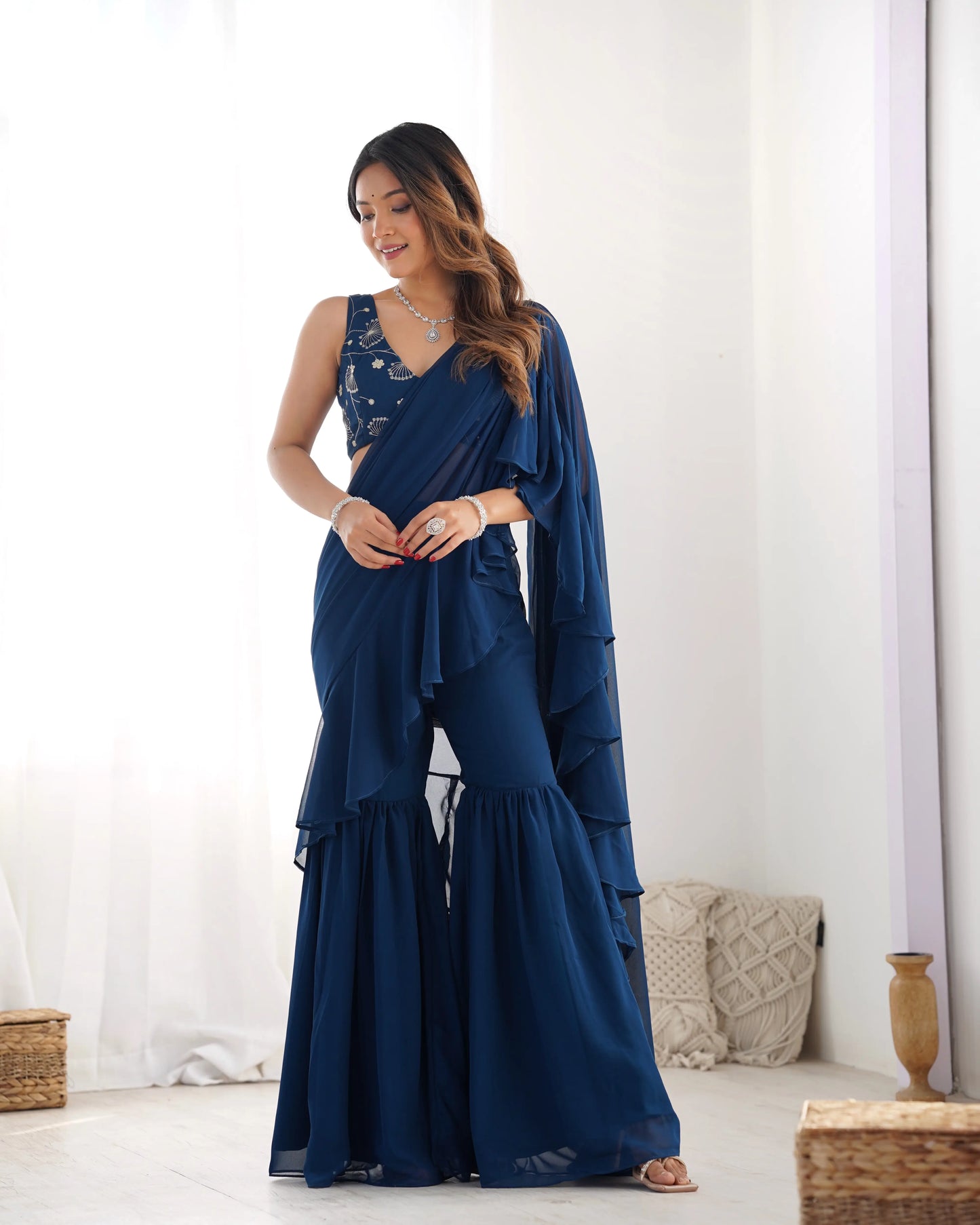 Teal Blue Georgette Ready To Wear Sharara Saree