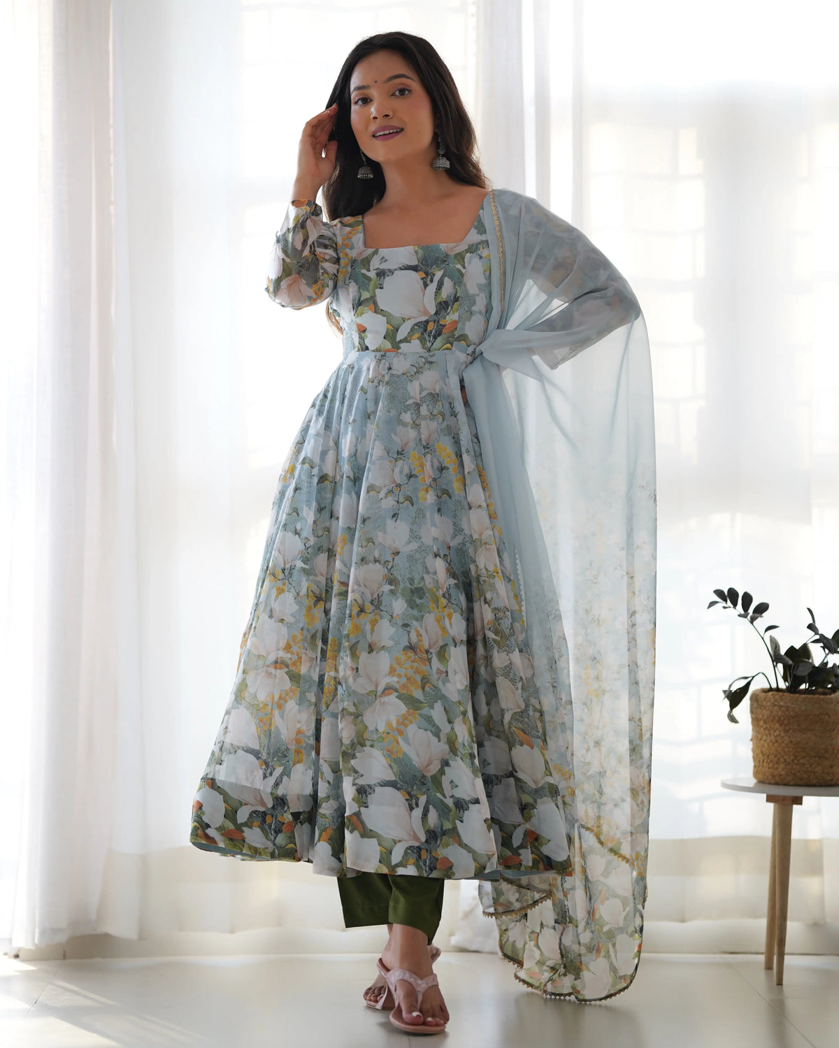 Regent Grey Floral Print Organza Silk Anarkali Gown And Dupatta