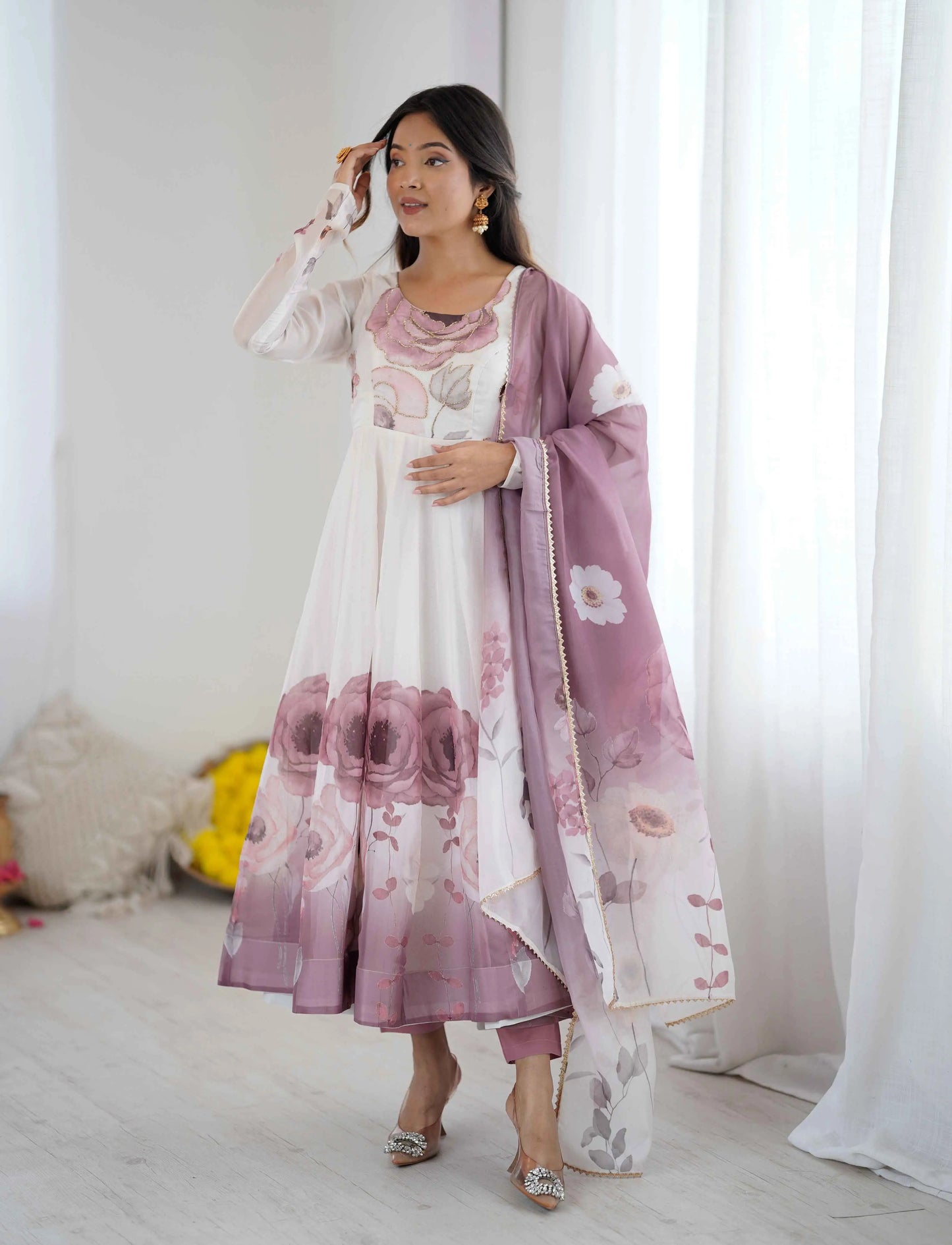 Onion Pink Floral Print Organza Gown
