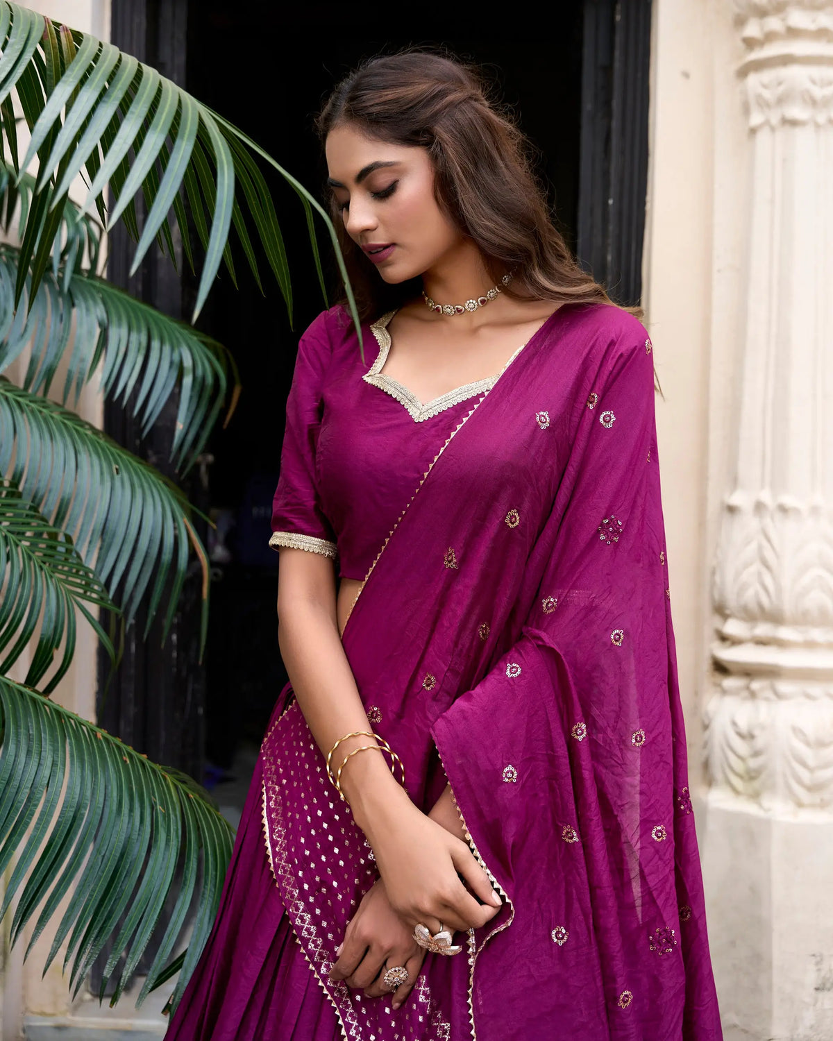 Wine Berry Chanderi Silk Zari Weaving Lehenga Choli