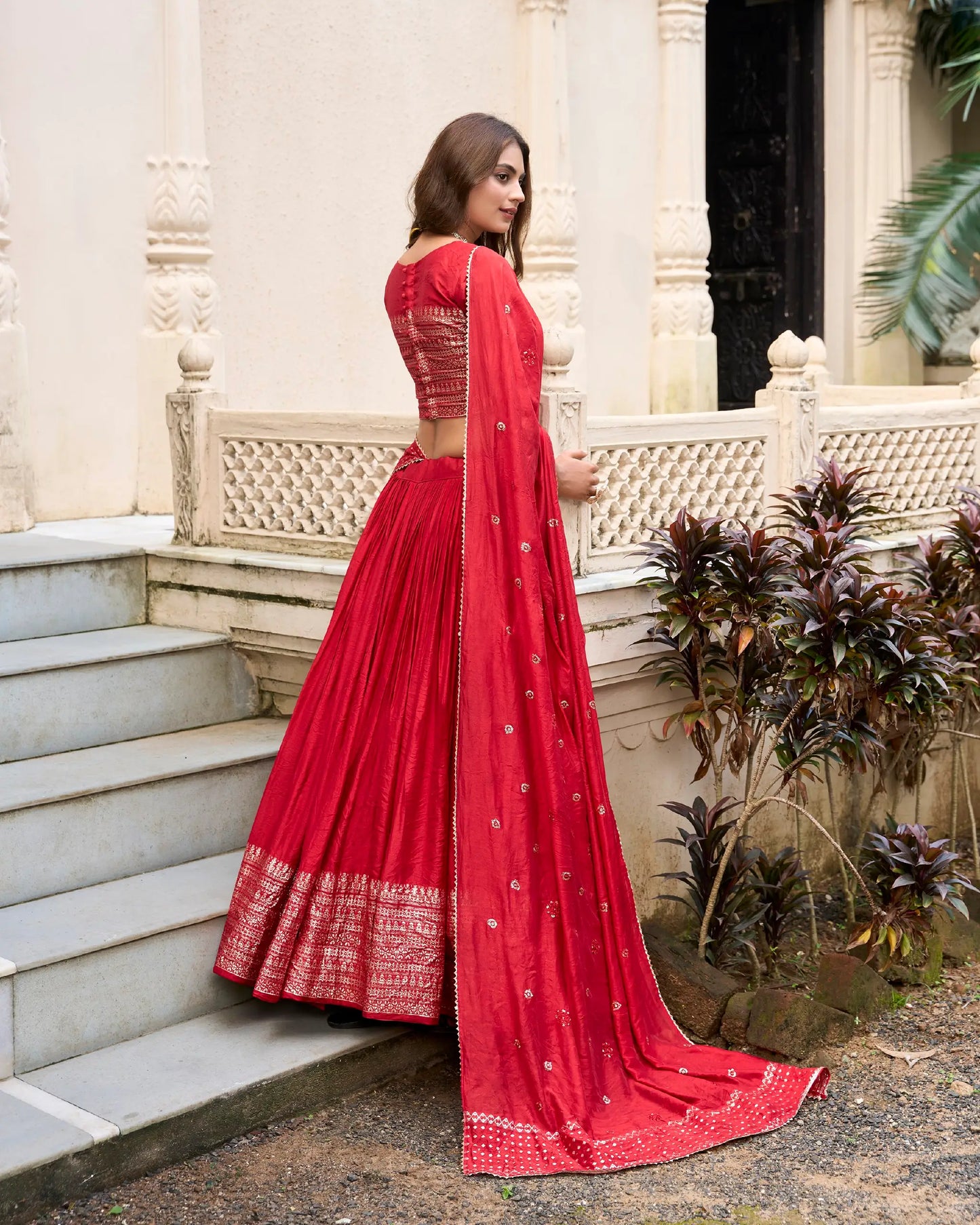 Hot Red Chanderi Silk Zari Weaving Lehenga Choli
