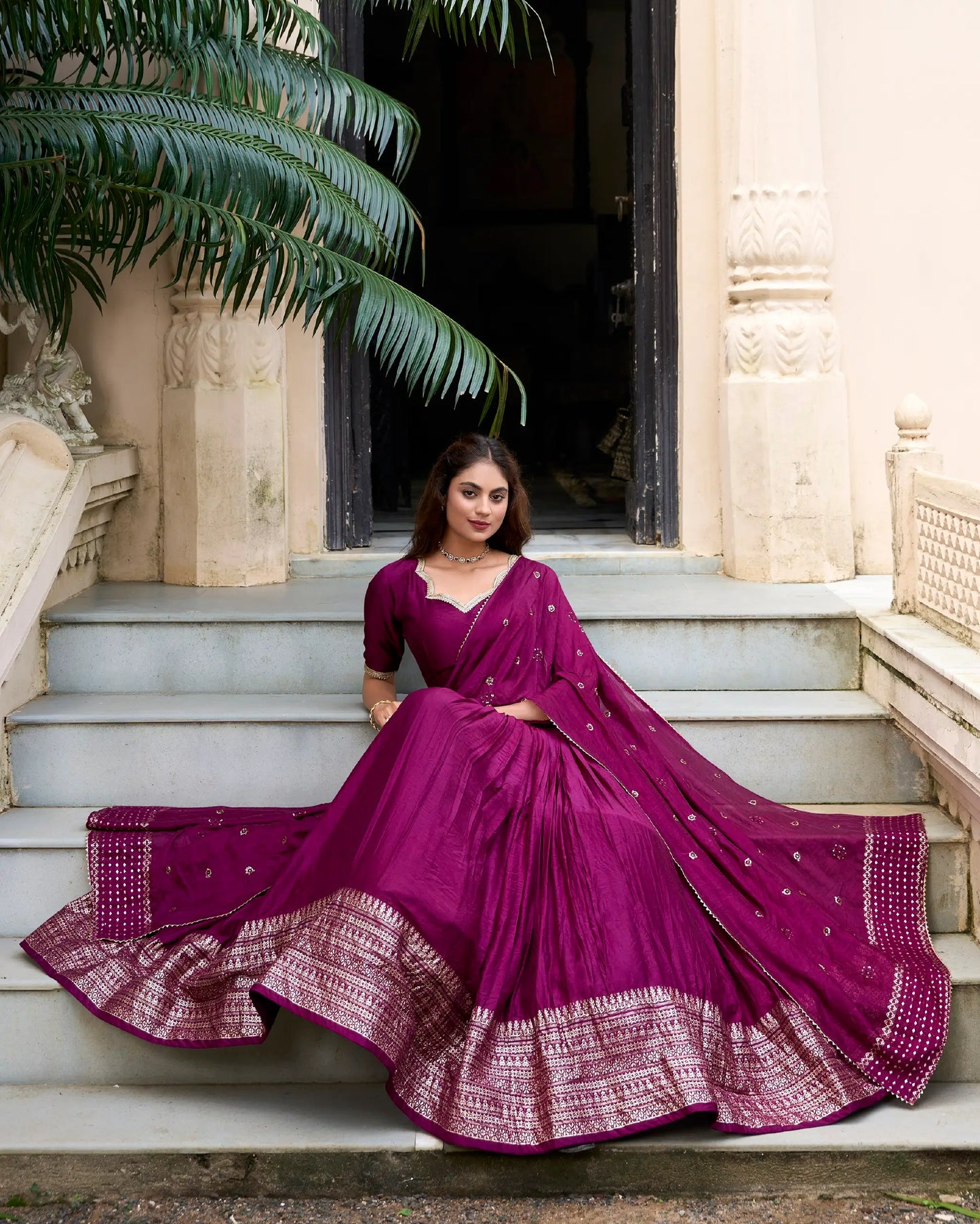 Wine Berry Chanderi Silk Zari Weaving Lehenga Choli