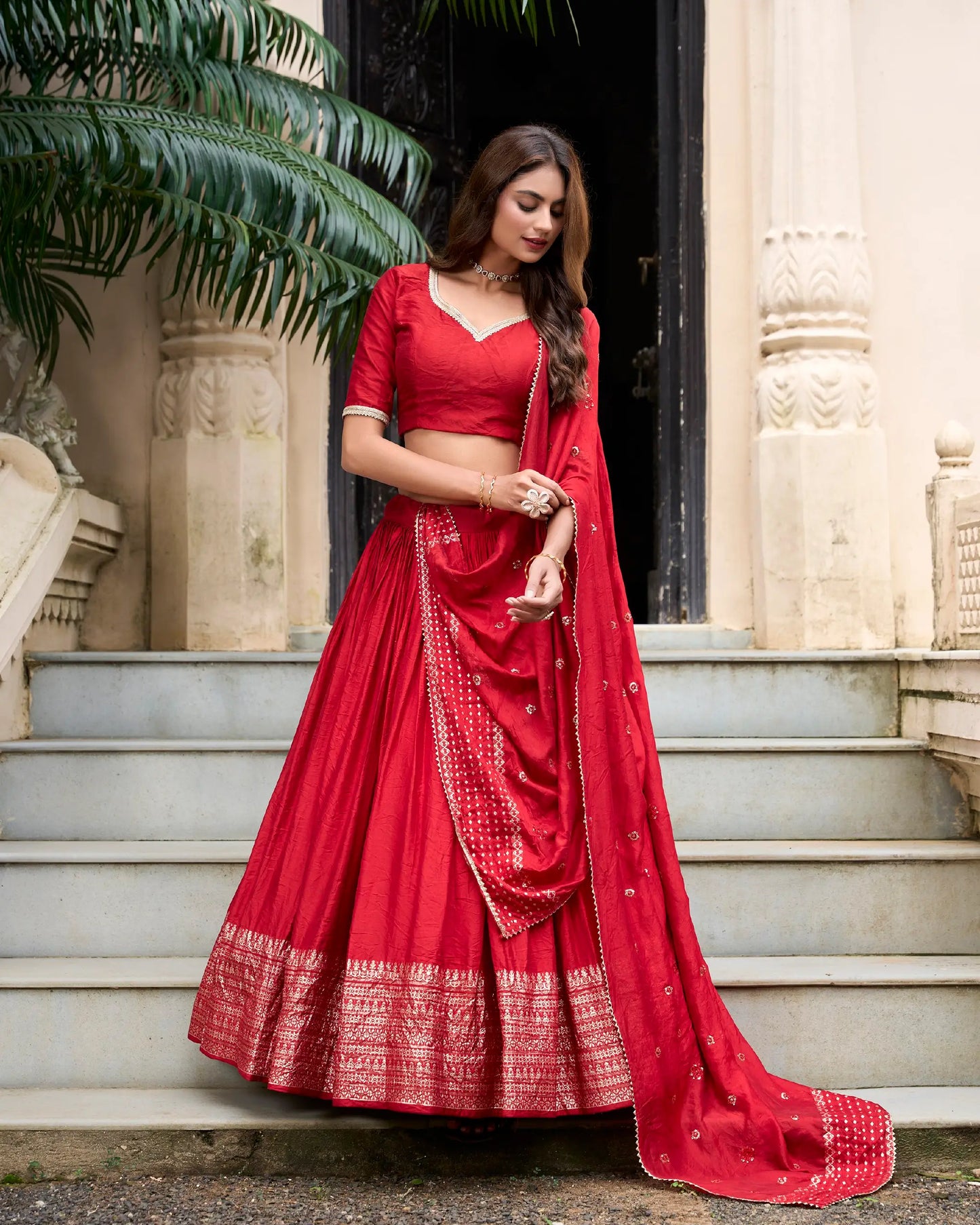 Hot Red Chanderi Silk Zari Weaving Lehenga Choli